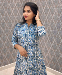 Navy Blue and Beige Color Floral Design Premium Flex Cotton Aline Kurti with Pocket / LSS163