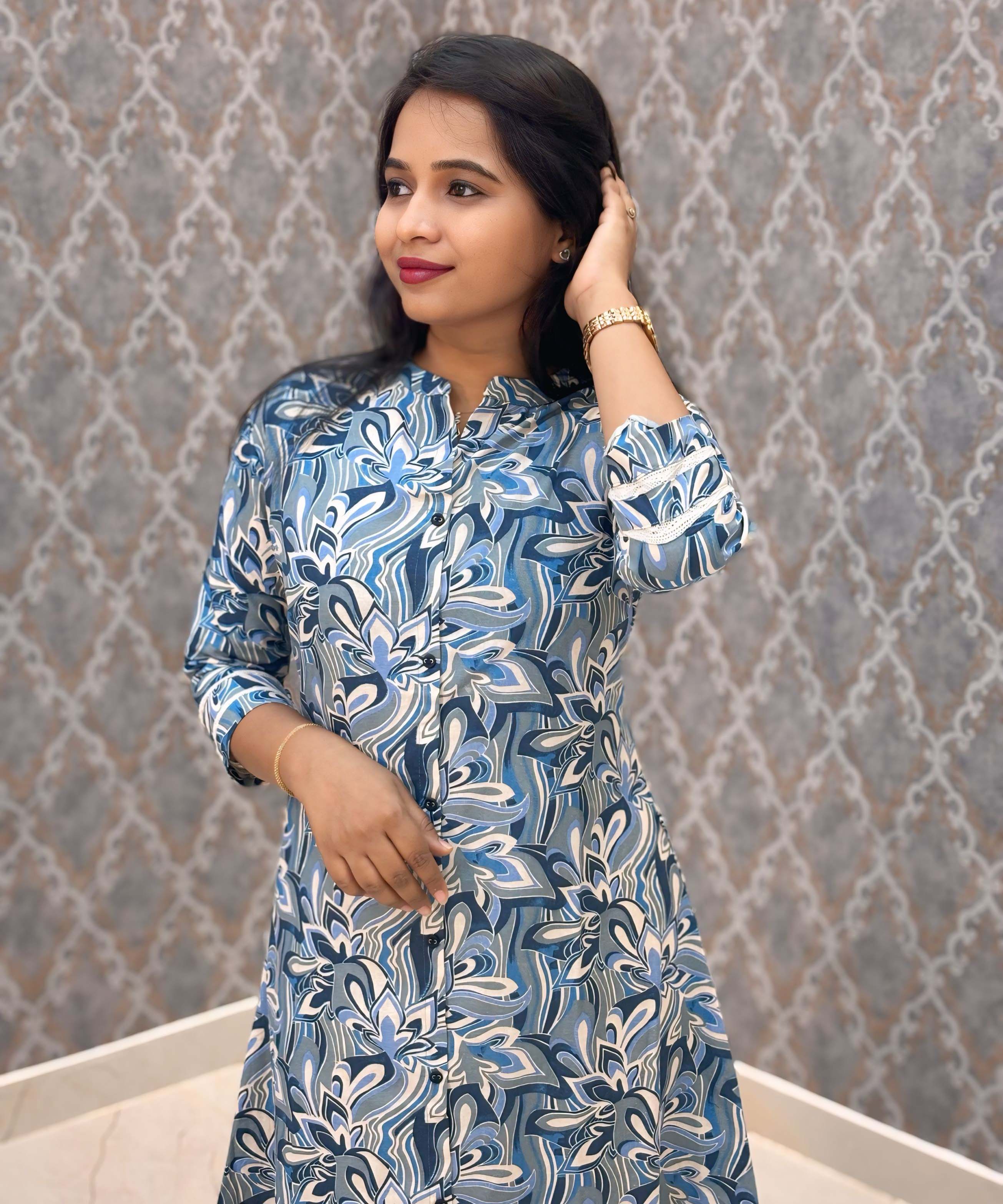 Navy Blue and Beige Color Floral Design Premium Flex Cotton Aline Kurti with Pocket / LSS163