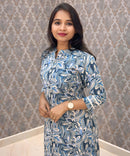 Navy Blue and Beige Color Floral Design Premium Flex Cotton Aline Kurti with Pocket / LSS163