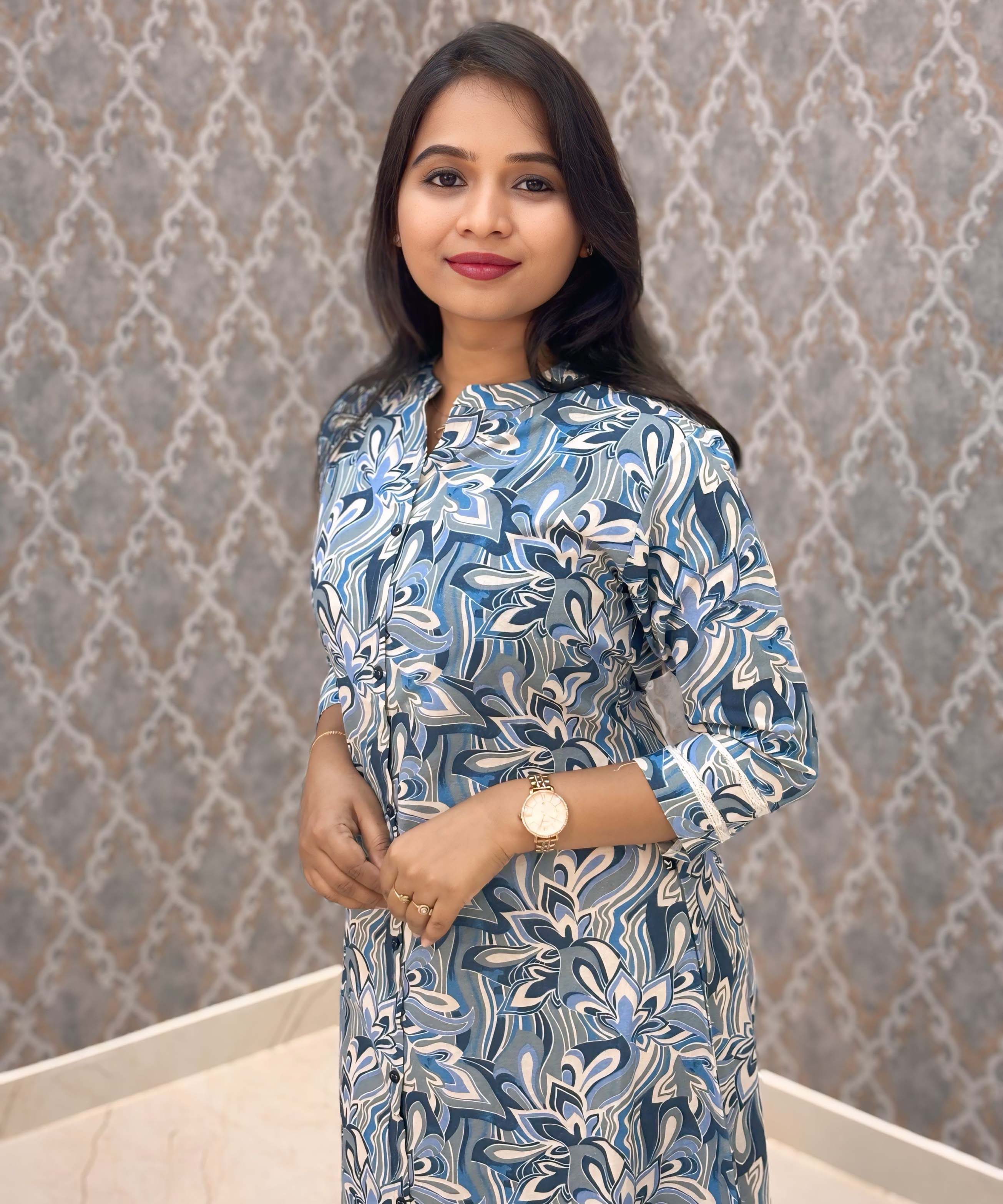Navy Blue and Beige Color Floral Design Premium Flex Cotton Aline Kurti with Pocket / LSS163
