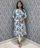 Navy Blue and Beige Color Floral Design Premium Flex Cotton Aline Kurti with Pocket / LSS163
