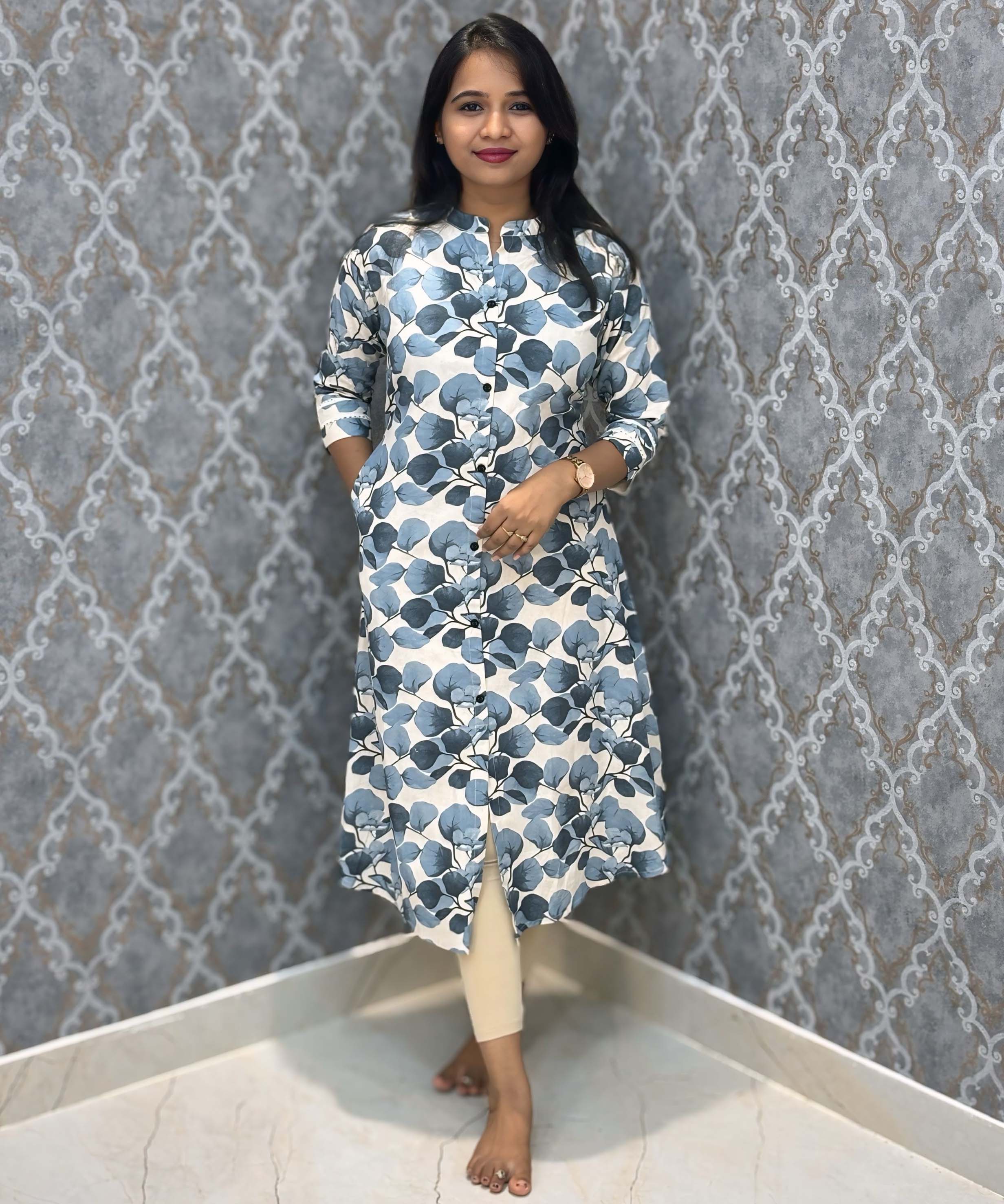 Navy Blue and Beige Color Floral Design Premium Flex Cotton Aline Kurti with Pocket / LSS163