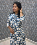 Navy Blue and Beige Color Floral Design Premium Flex Cotton Aline Kurti with Pocket / LSS163
