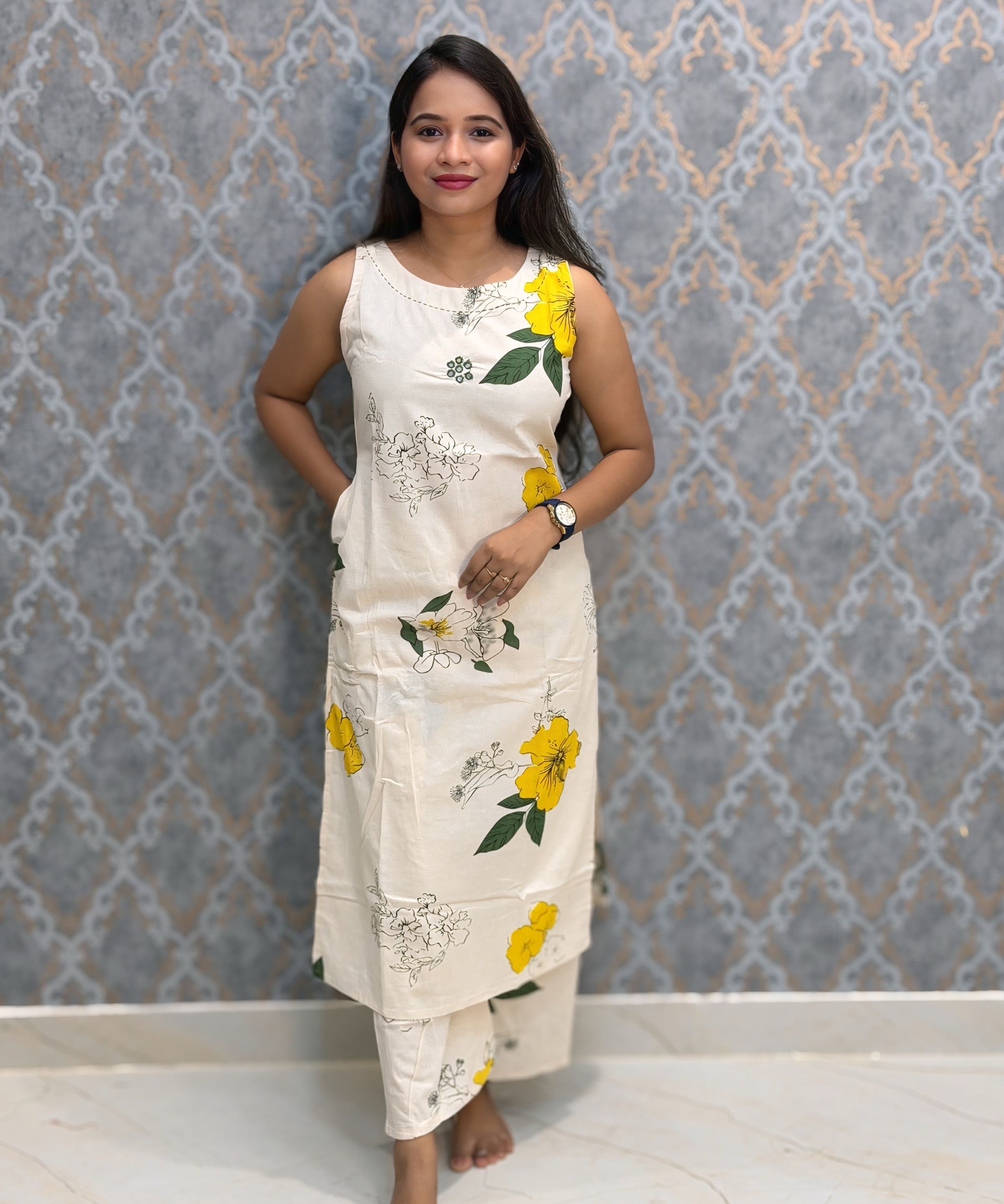 Yellow Floral Premium Flex Cotton Coord Set with Sleeves and Pocket / ESS415