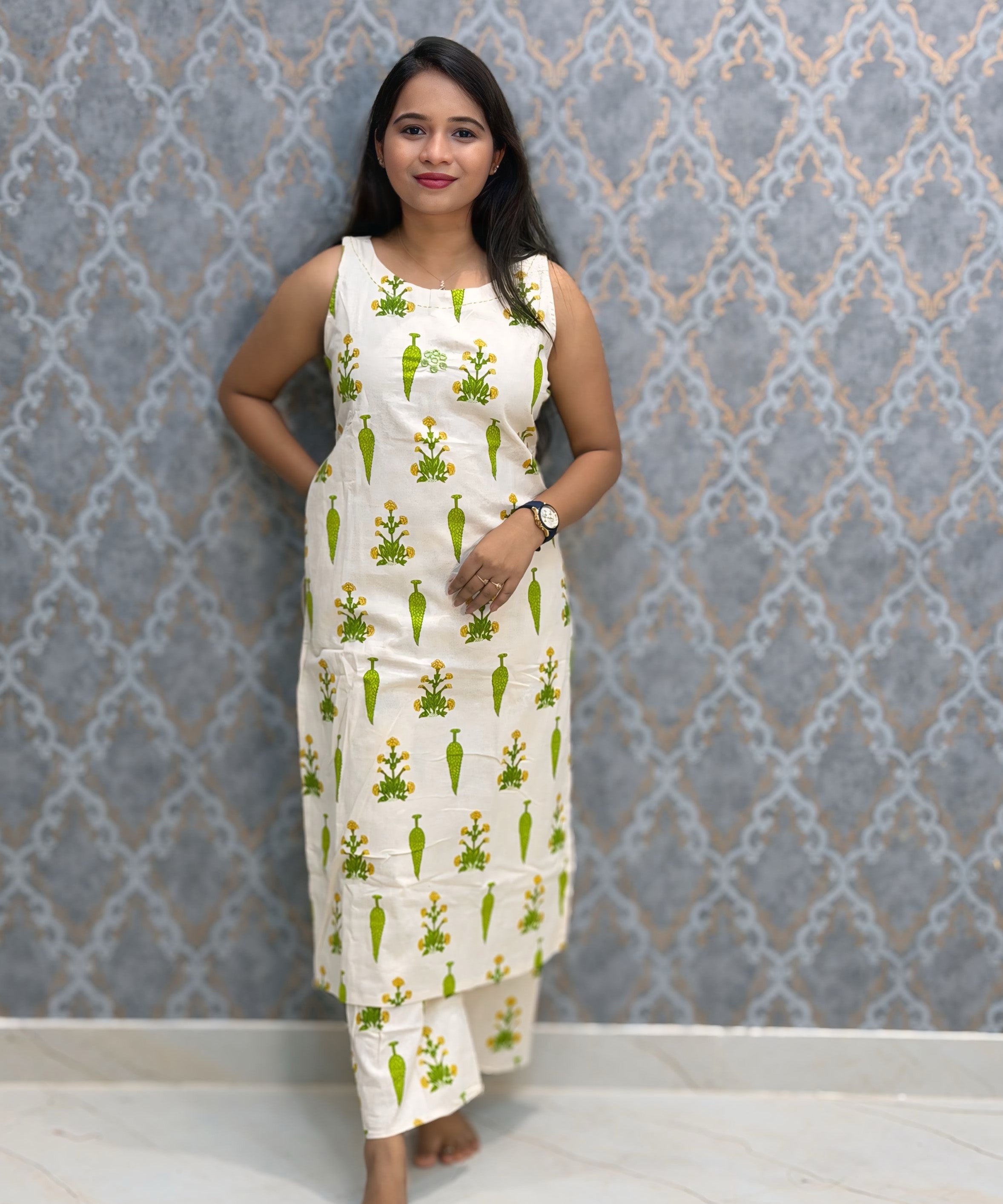 Green Floral Premium Flex Cotton Coord Set with Sleeves and Pocket / ESS415