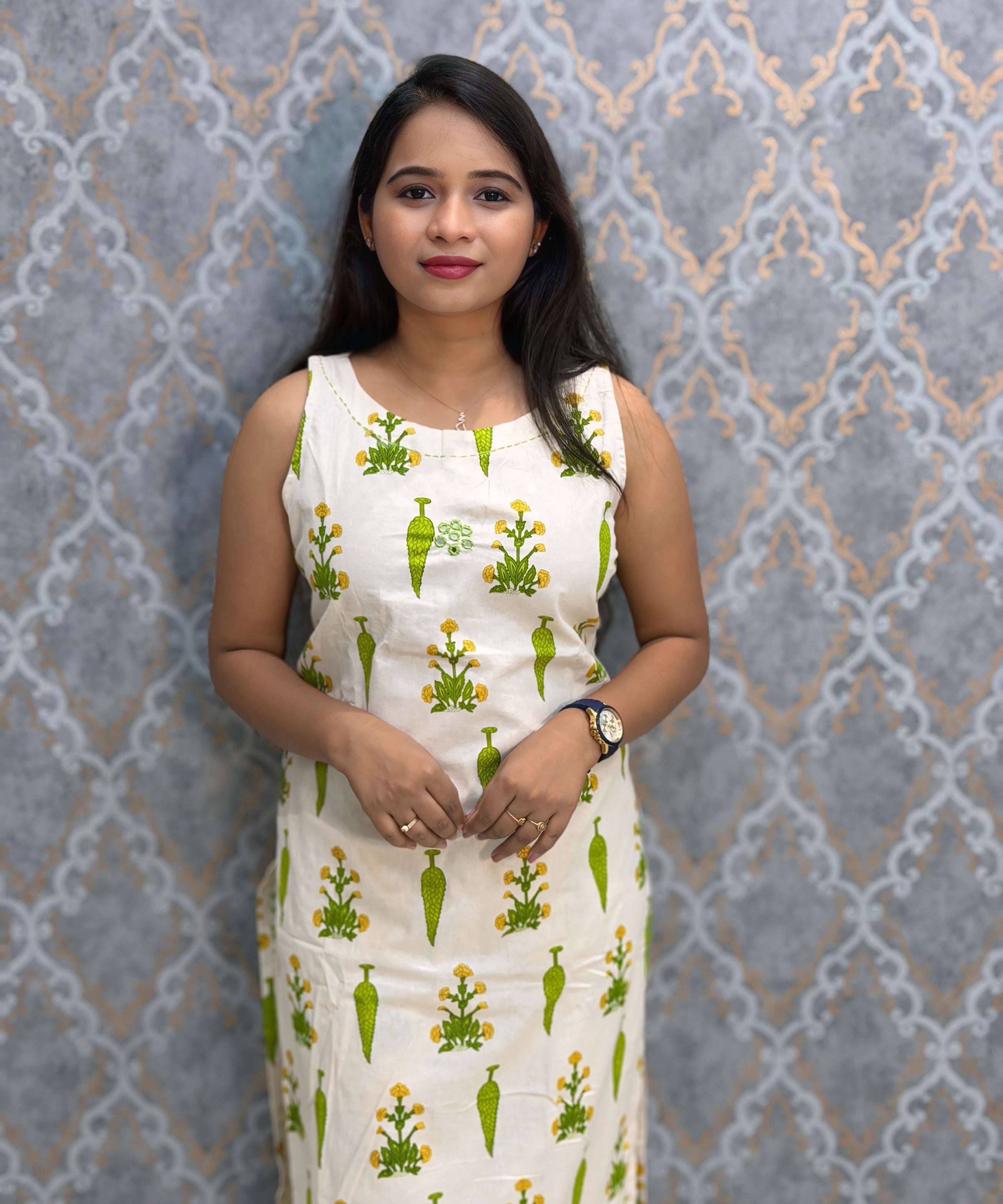 Green Floral Premium Flex Cotton Coord Set with Sleeves and Pocket / ESS415