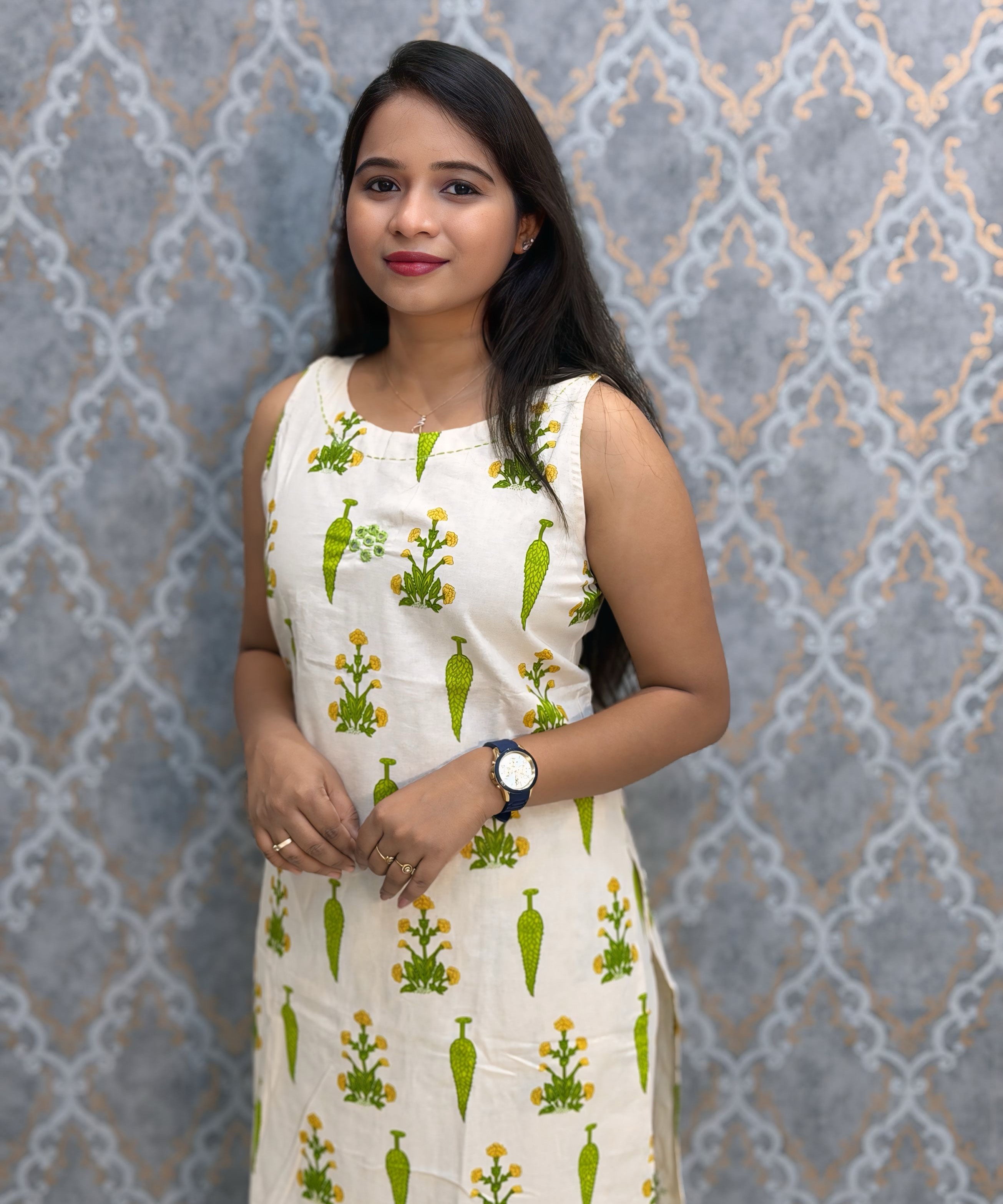 Green Floral Premium Flex Cotton Coord Set with Sleeves and Pocket / ESS415