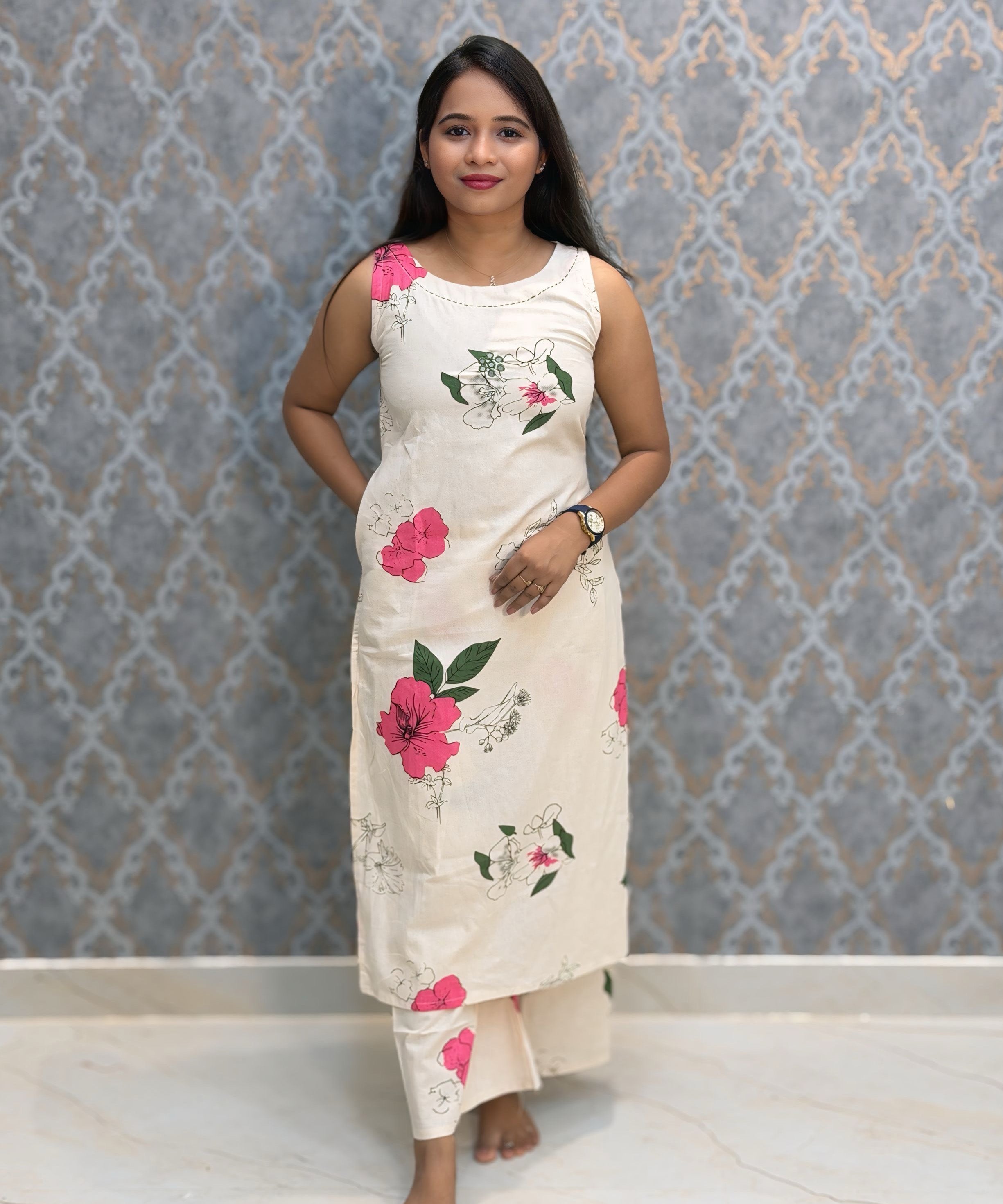 Pink Floral Premium Flex Cotton Coord Set with Sleeves and Pocket / ESS415