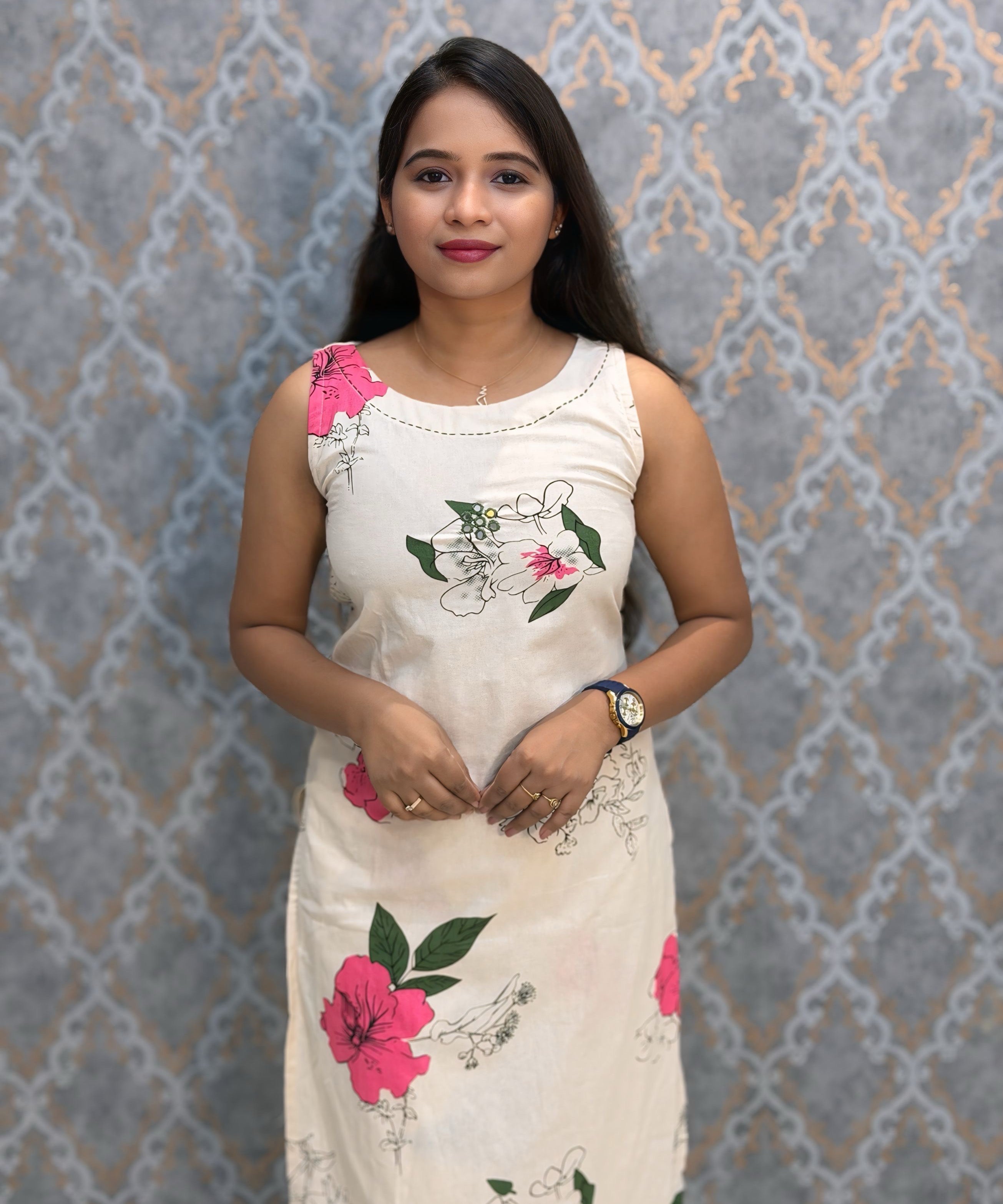 Pink Floral Premium Flex Cotton Coord Set with Sleeves and Pocket / ESS415
