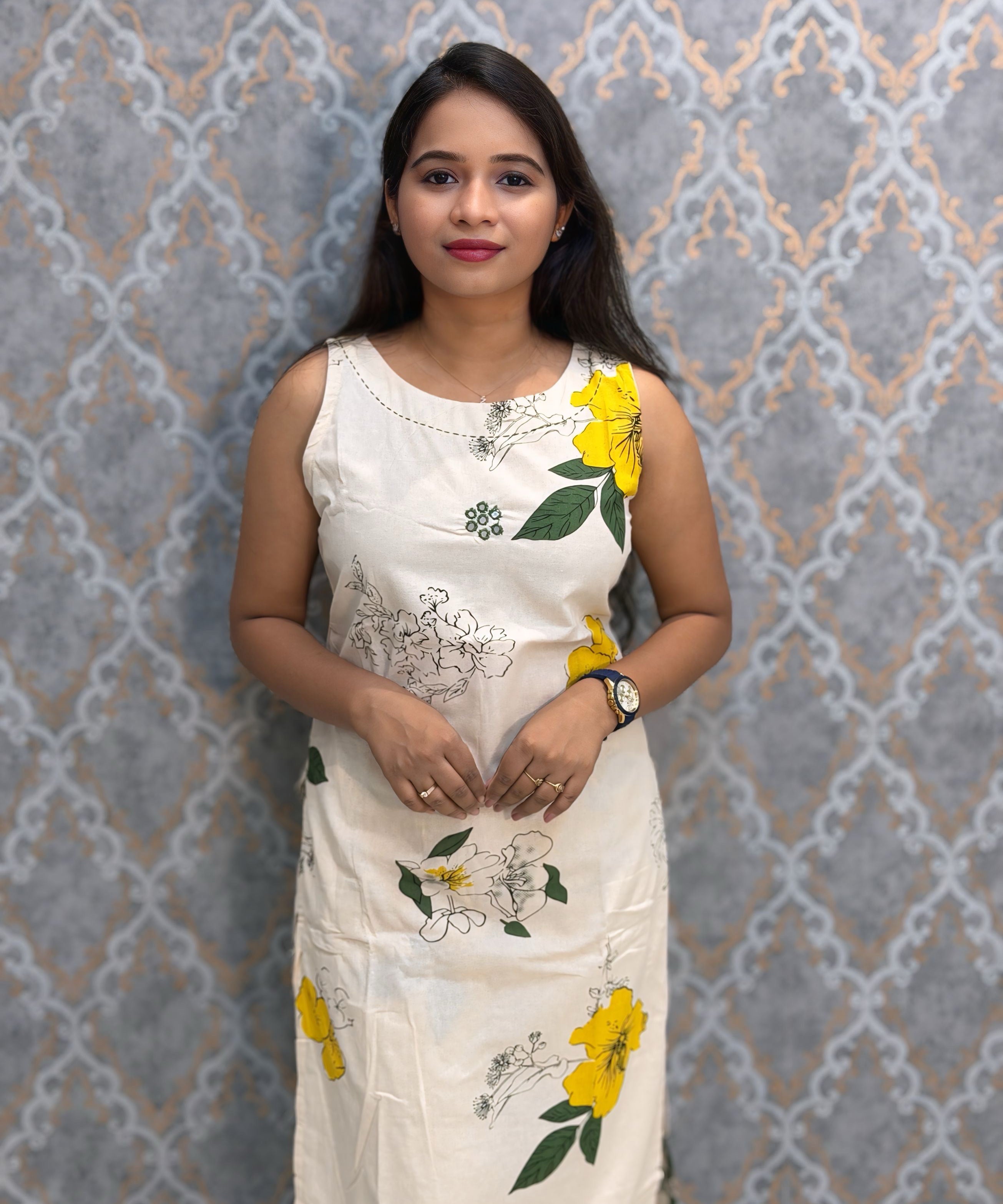 Yellow Floral Premium Flex Cotton Coord Set with Sleeves and Pocket / ESS415