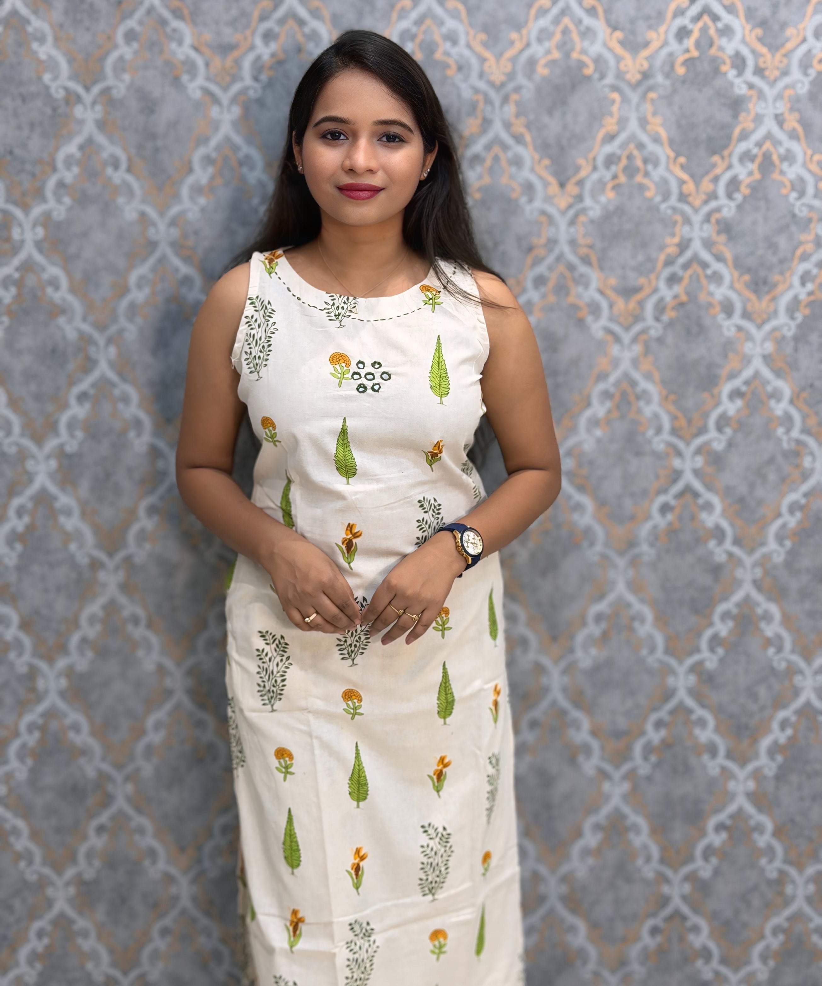 Orange and Green Floral Premium Flex Cotton Coord Set with Sleeves and Pocket / ESS415
