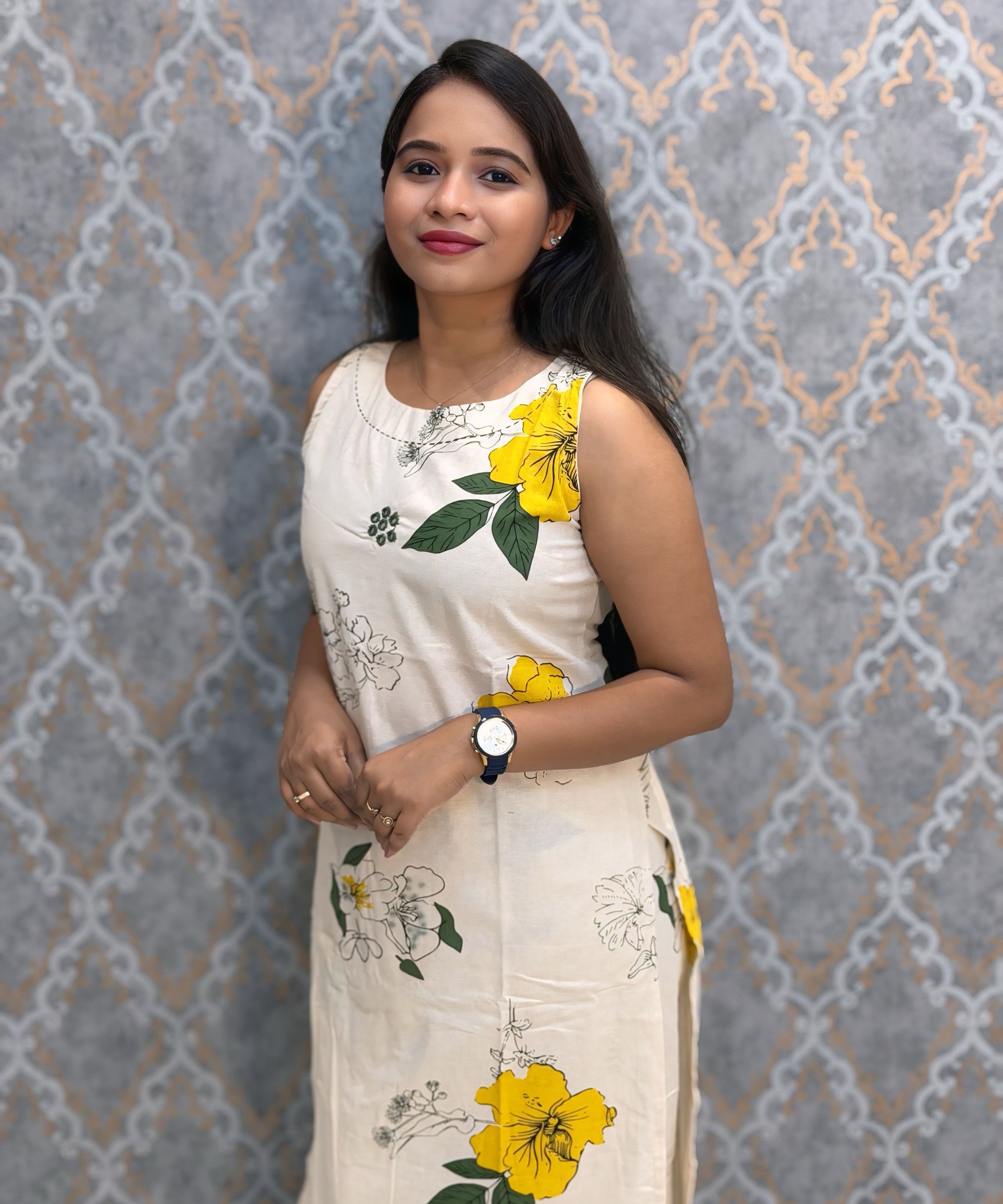 Yellow Floral Premium Flex Cotton Coord Set with Sleeves and Pocket / ESS415
