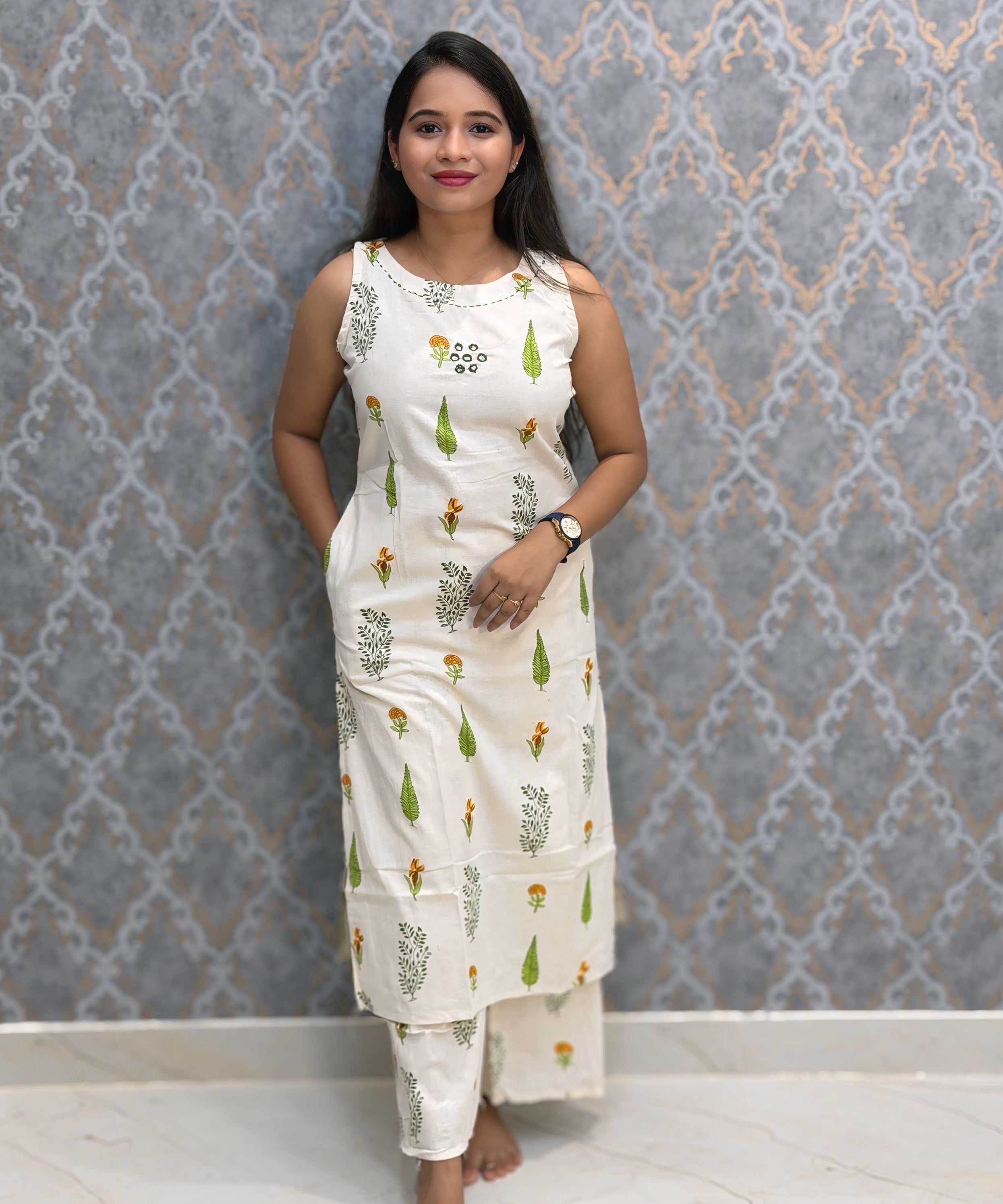 Orange and Green Floral Premium Flex Cotton Coord Set with Sleeves and Pocket / ESS415