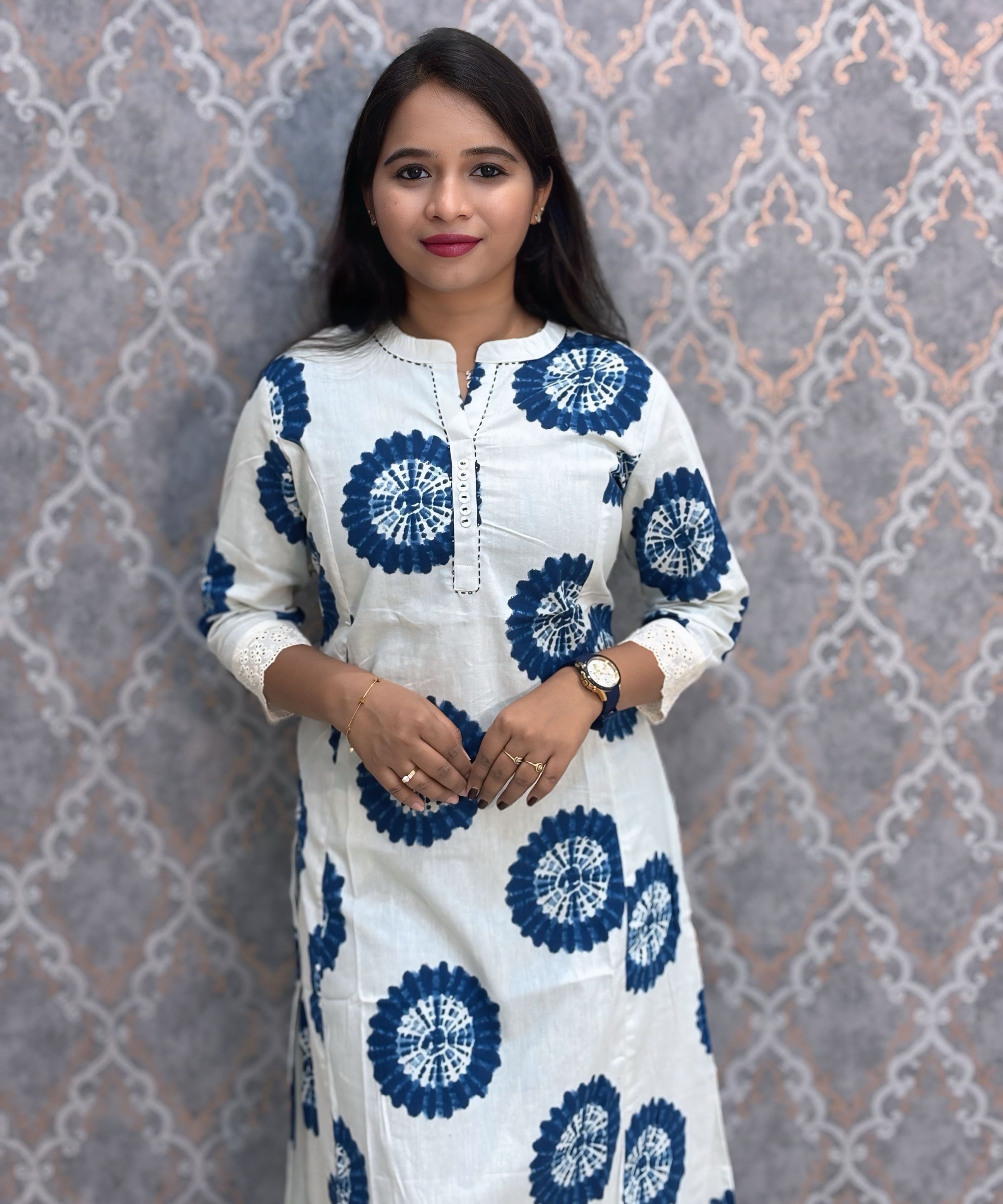 Blue and White Floral Design Premium Flex Cotton Kurtis with Pocket / ESS370