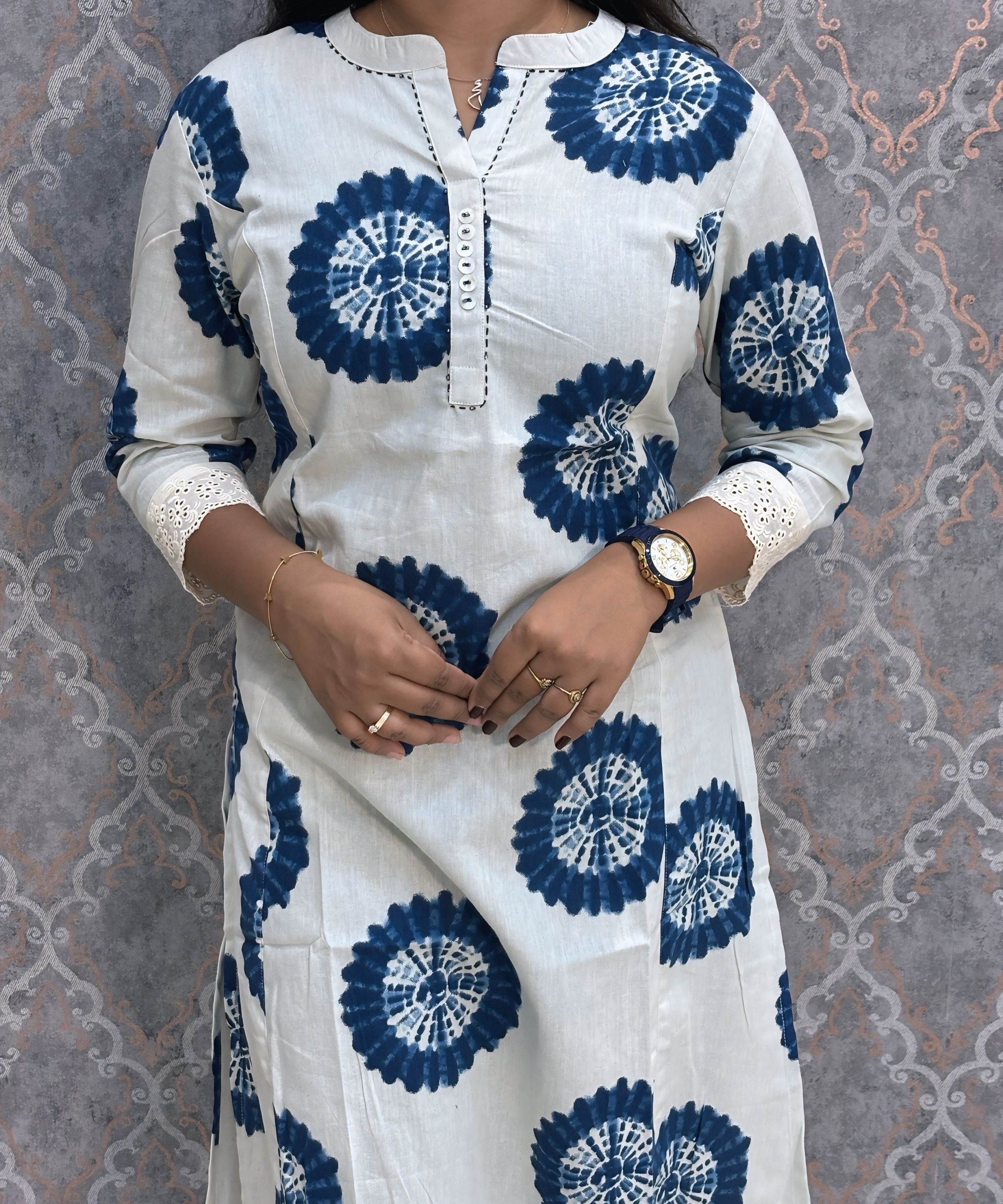 Blue and White Floral Design Premium Flex Cotton Kurtis with Pocket / ESS370