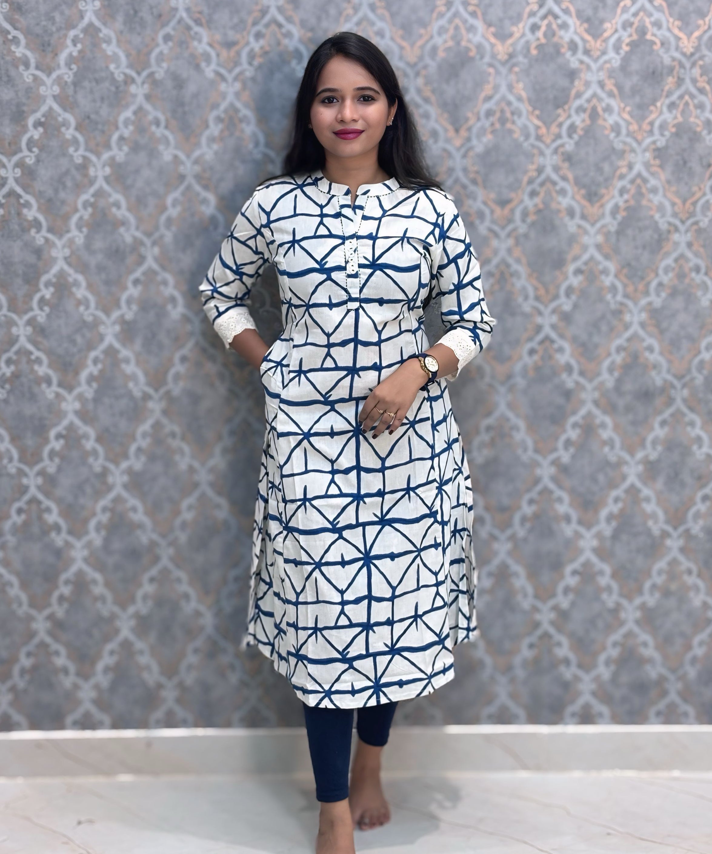 Blue and White Color Premium Flex Cotton Kurtis with Pocket / ESS370