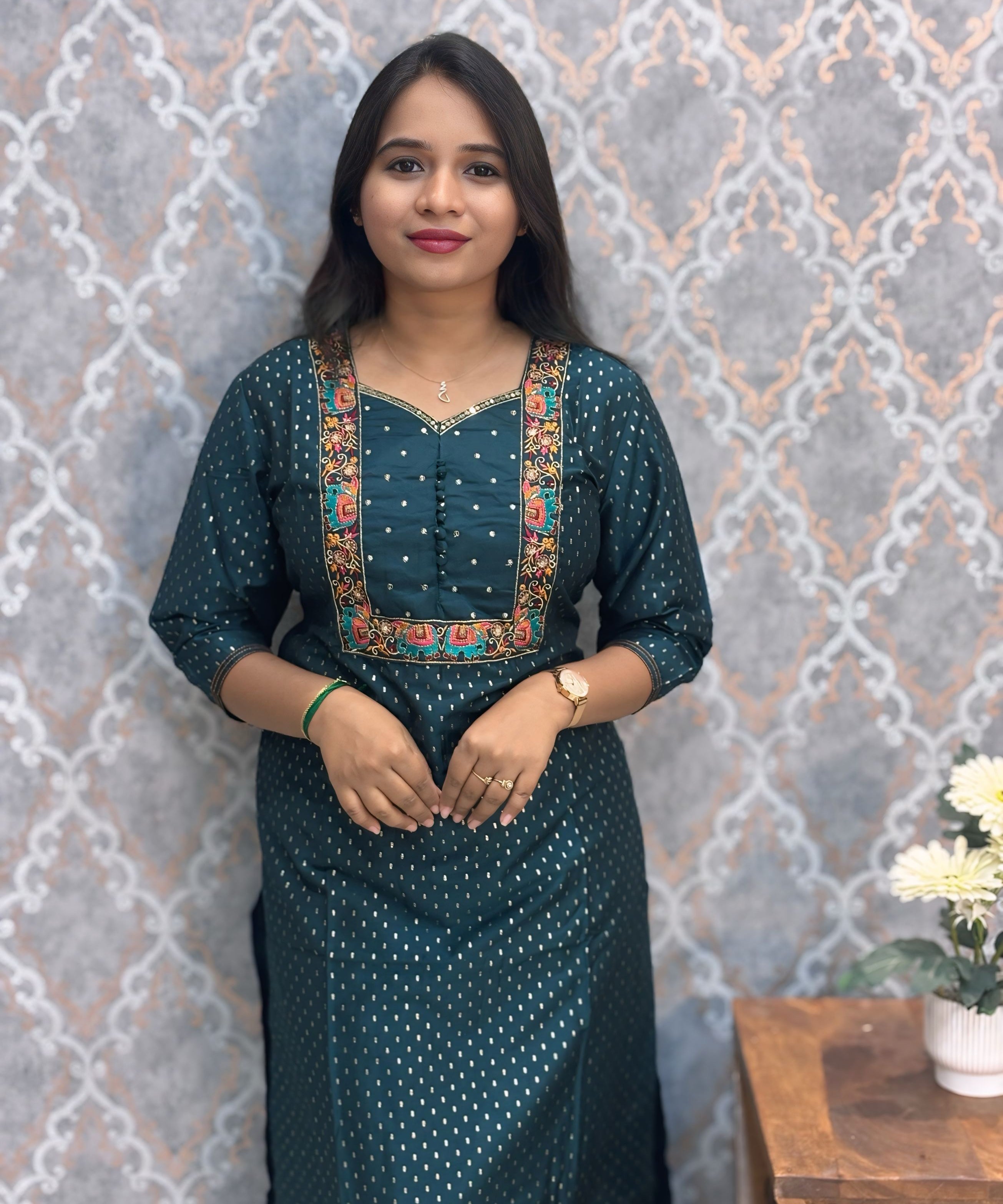 Teal Green Color Premium Foil Print Silk Coord Set with Pocket / LSS212