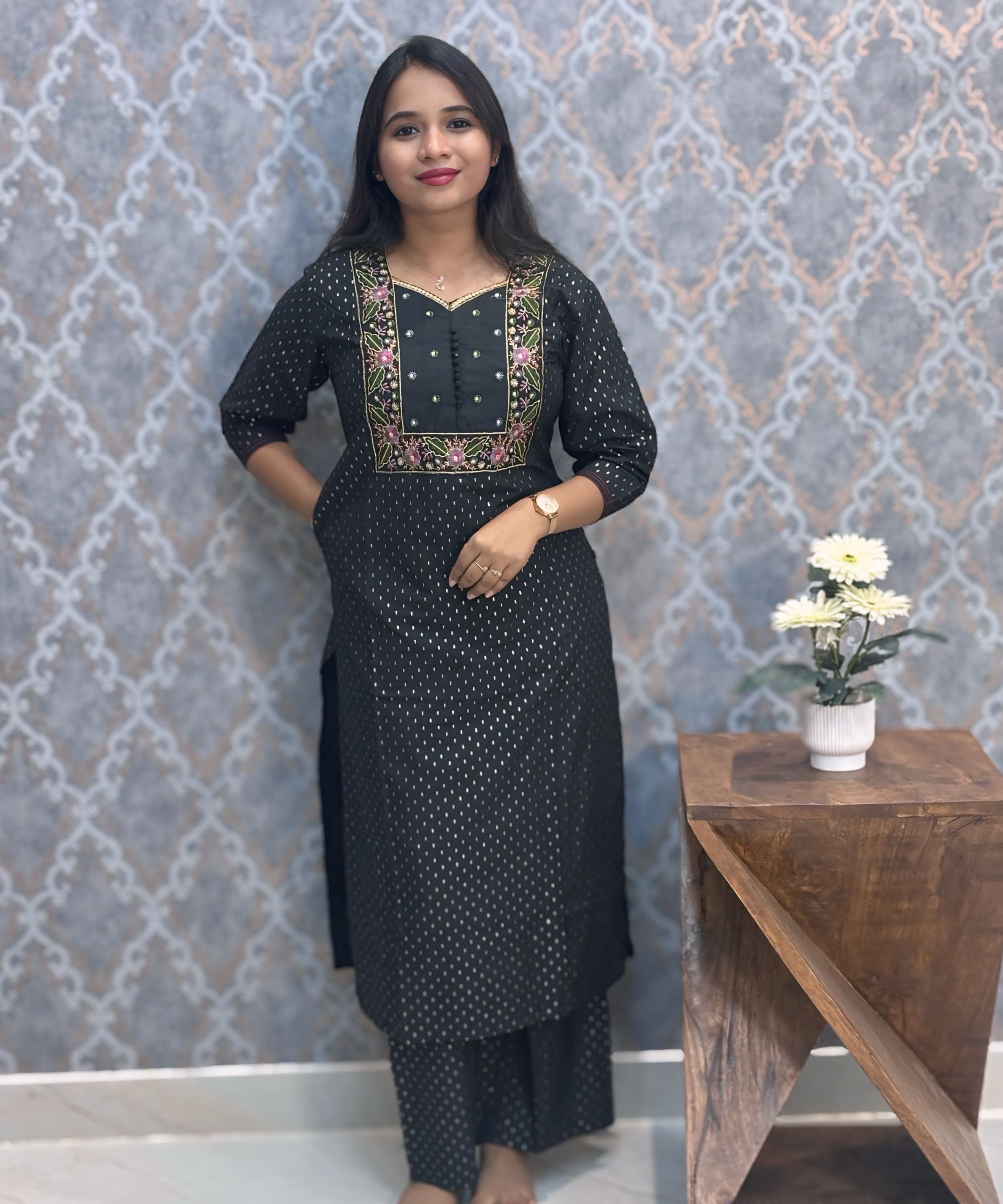 Black Color Premium Foil Print Silk Coord Set with Pocket / LSS212