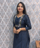 Navy Blue Color Premium Foil Print Silk Coord Set with Pocket / LSS212