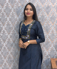 Navy Blue Color Premium Foil Print Silk Coord Set with Pocket / LSS212