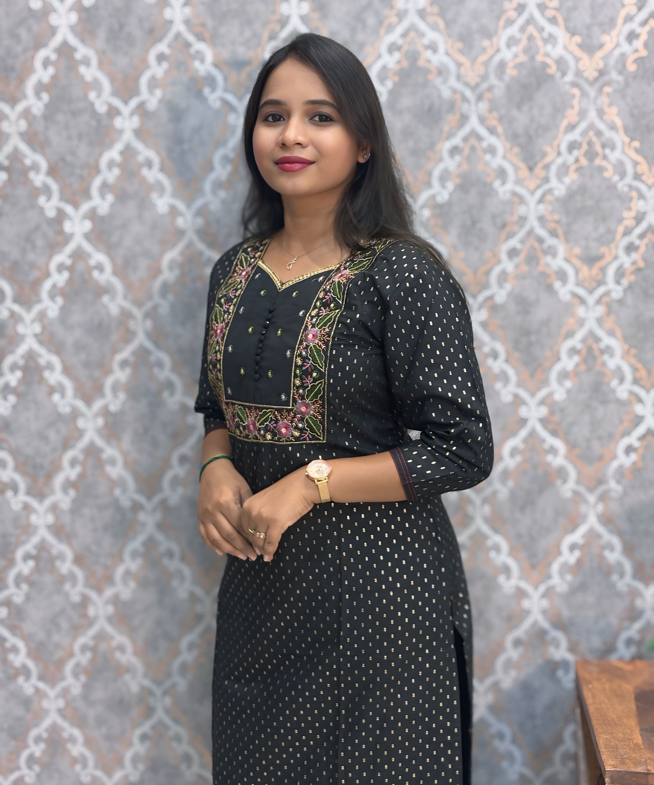 Black Color Premium Foil Print Silk Coord Set with Pocket / LSS212