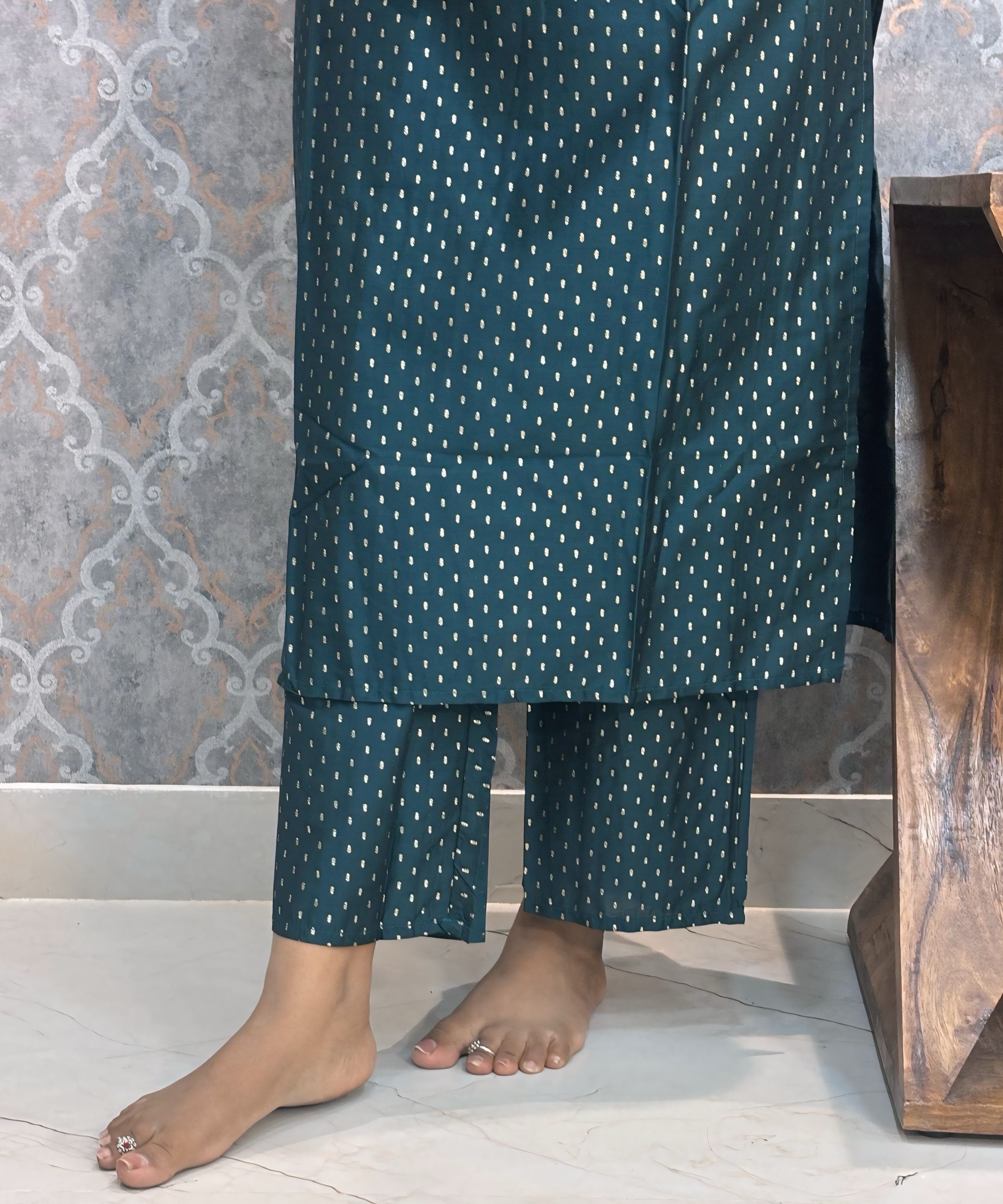 Teal Green Color Premium Foil Print Silk Coord Set with Pocket / LSS212