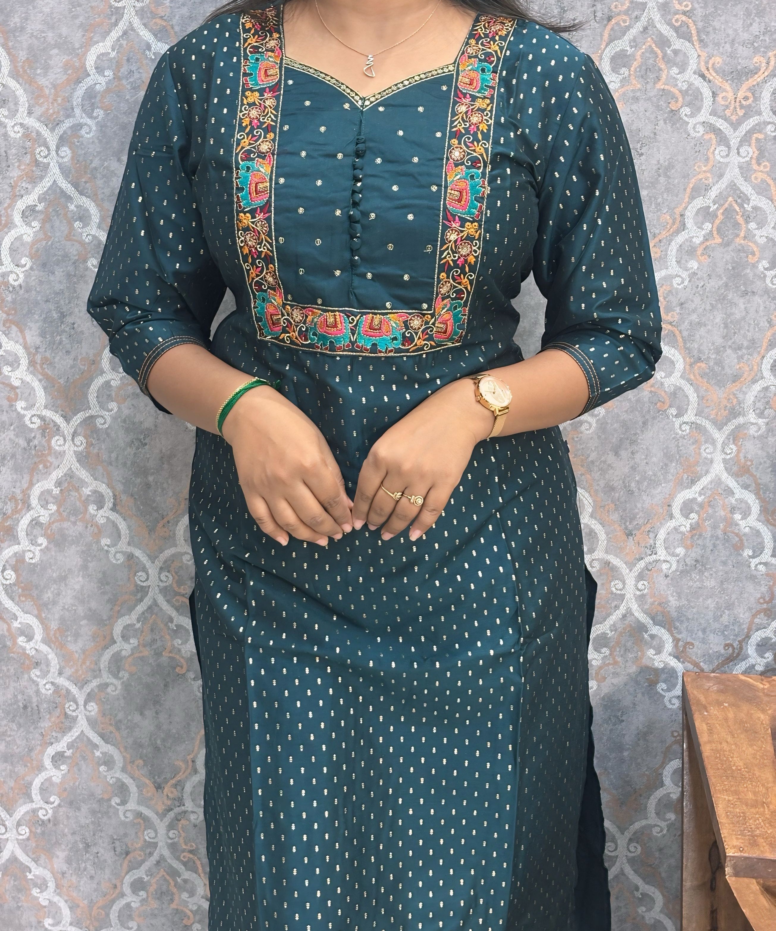 Teal Green Color Premium Foil Print Silk Coord Set with Pocket / LSS212