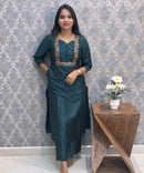 Teal Green Color Premium Foil Print Silk Coord Set with Pocket / LSS212