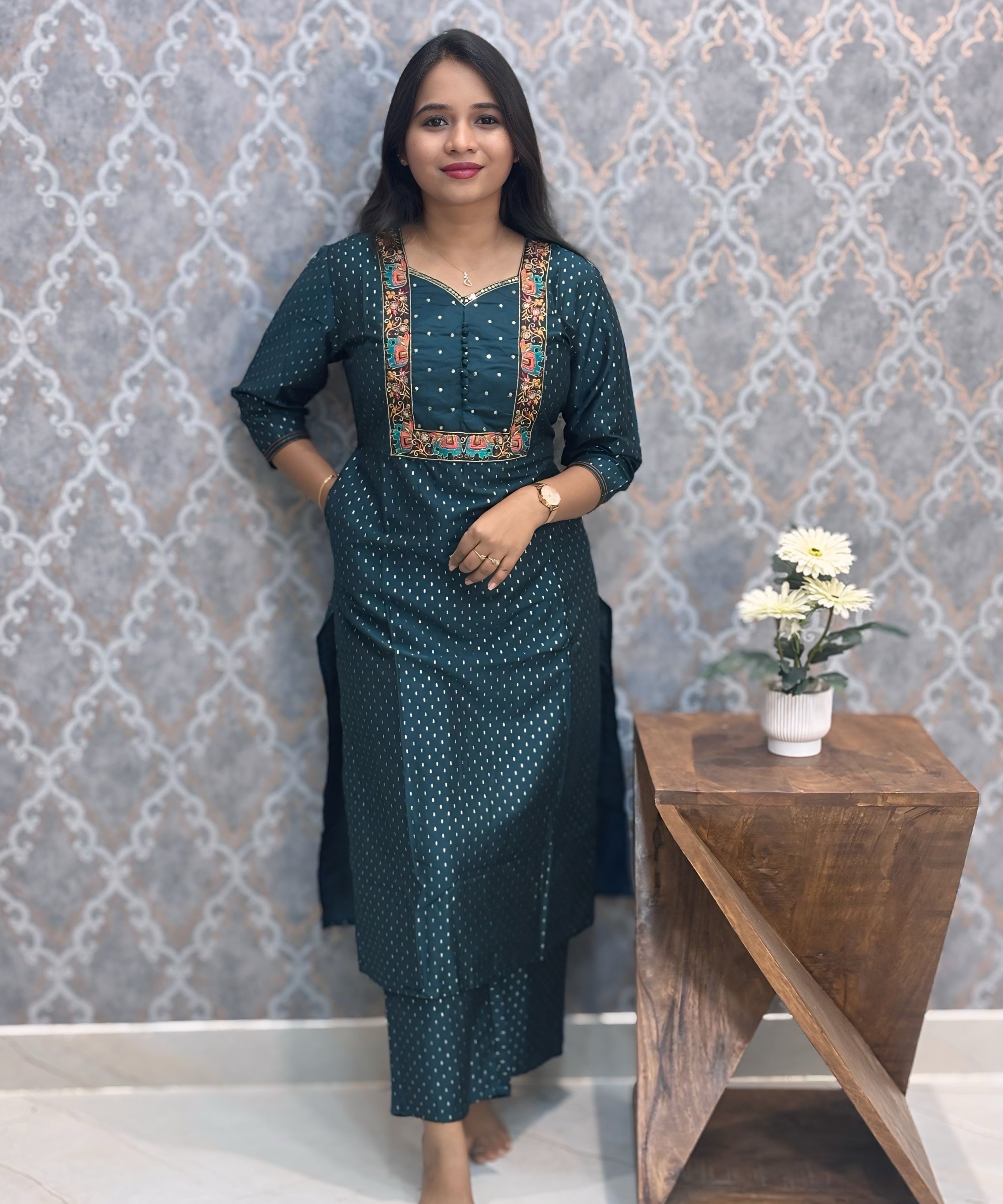 Teal Green Color Premium Foil Print Silk Coord Set with Pocket / LSS212