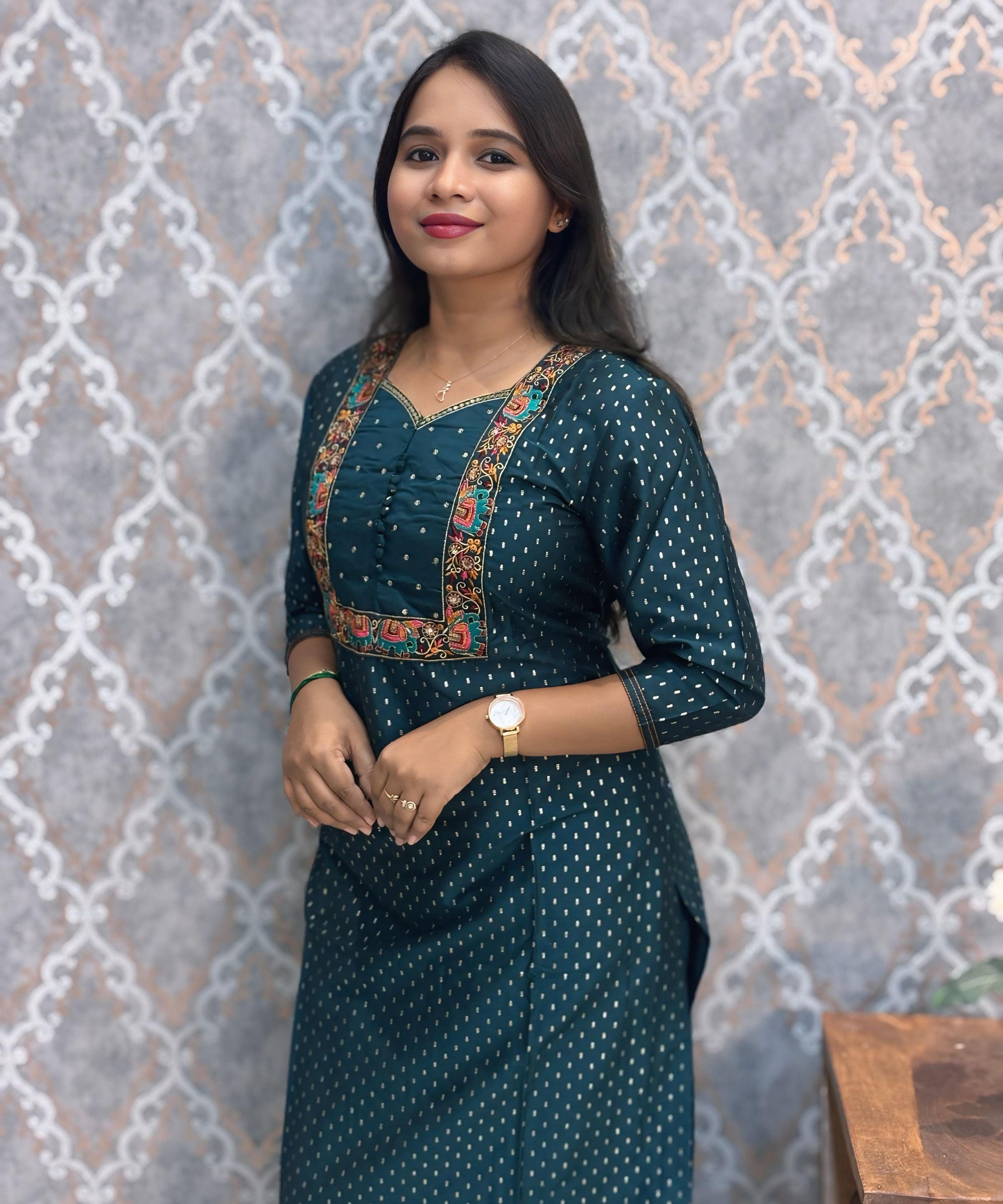 Teal Green Color Premium Foil Print Silk Coord Set with Pocket / LSS212