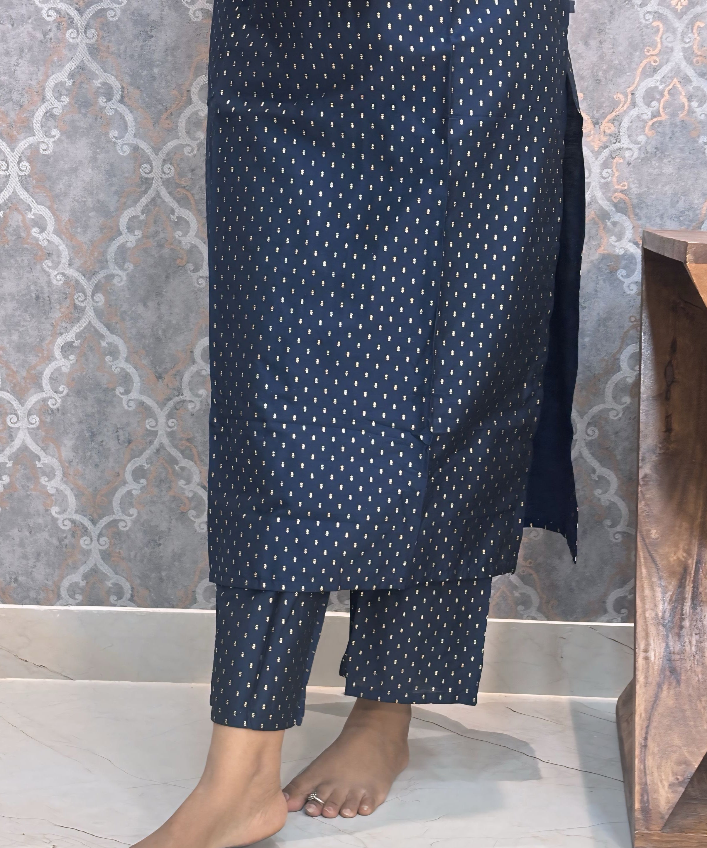 Navy Blue Color Premium Foil Print Silk Coord Set with Pocket / LSS212