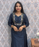 Navy Blue Color Premium Foil Print Silk Coord Set with Pocket / LSS212