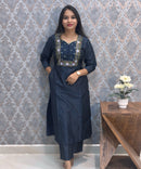 Navy Blue Color Premium Foil Print Silk Coord Set with Pocket / LSS212