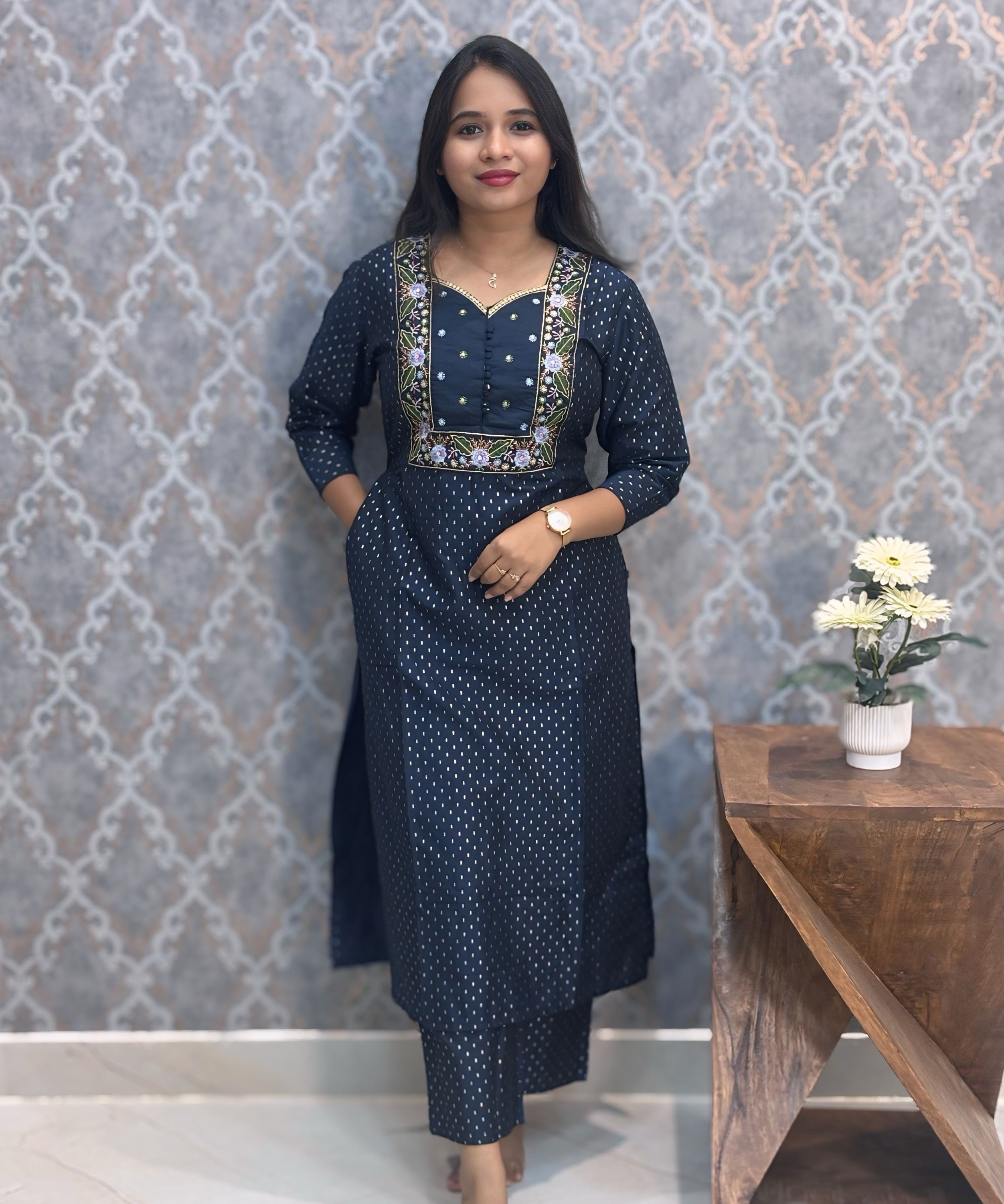 Navy Blue Color Premium Foil Print Silk Coord Set with Pocket / LSS212