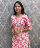 White and Pink Color Floral Prints Premium Hakoba Straight Cut  Kurti with Cotton Lining / LSS204