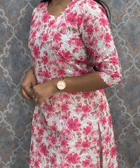 White and Pink Color Floral Prints Premium Hakoba Straight Cut  Kurti with Cotton Lining / LSS204