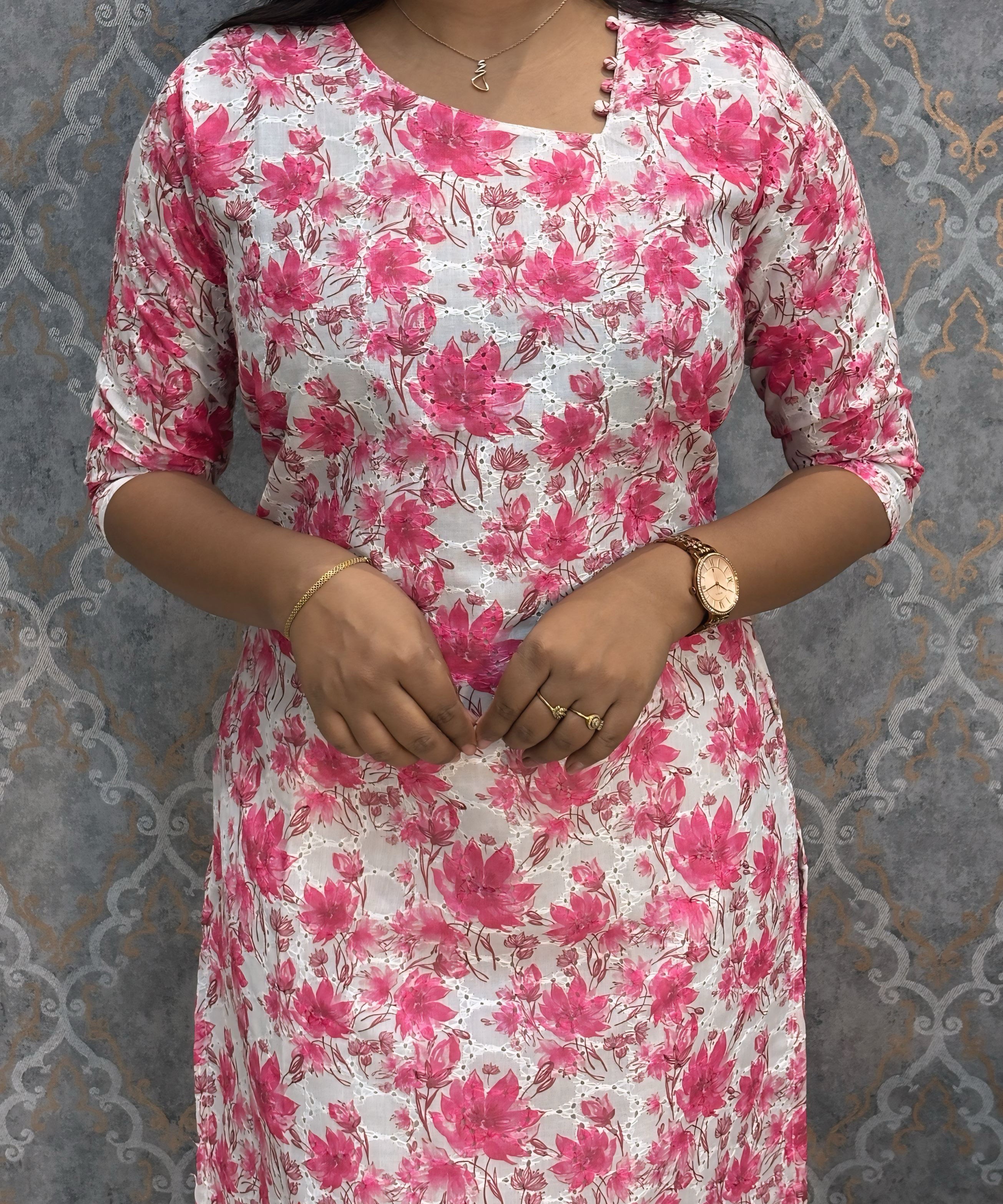 White and Pink Color Floral Prints Premium Hakoba Straight Cut  Kurti with Cotton Lining / LSS204