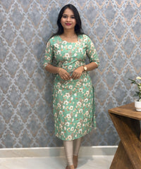 Green Color Floral Prints Premium Hakoba Straight Cut  Kurti with Cotton Lining / LSS204