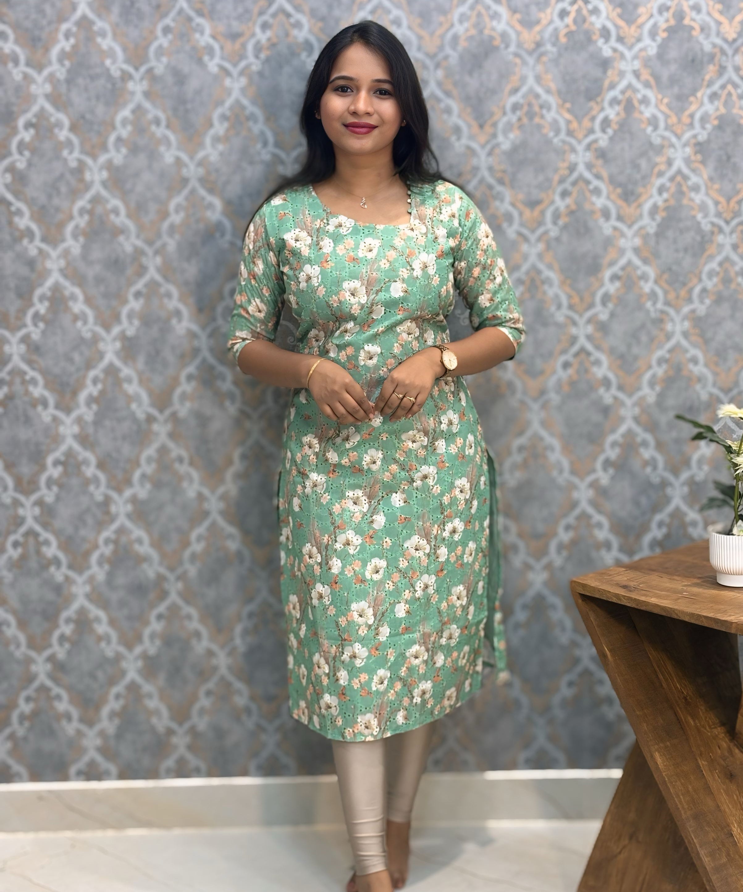 Green Color Floral Prints Premium Hakoba Straight Cut  Kurti with Cotton Lining / LSS204
