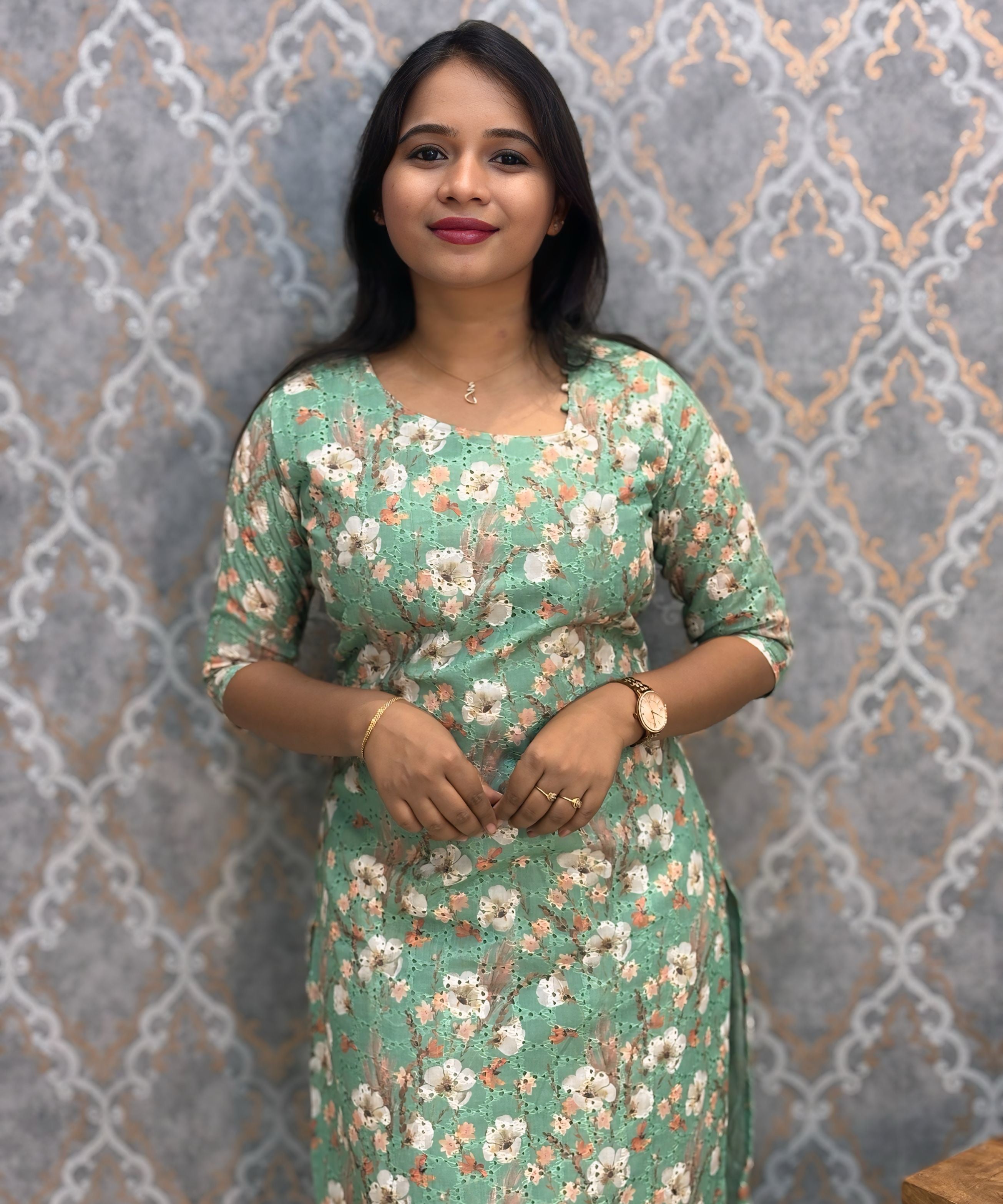 Green Color Floral Prints Premium Hakoba Straight Cut  Kurti with Cotton Lining / LSS204