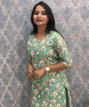 Green Color Floral Prints Premium Hakoba Straight Cut  Kurti with Cotton Lining / LSS204