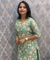 Green Color Floral Prints Premium Hakoba Straight Cut  Kurti with Cotton Lining / LSS204
