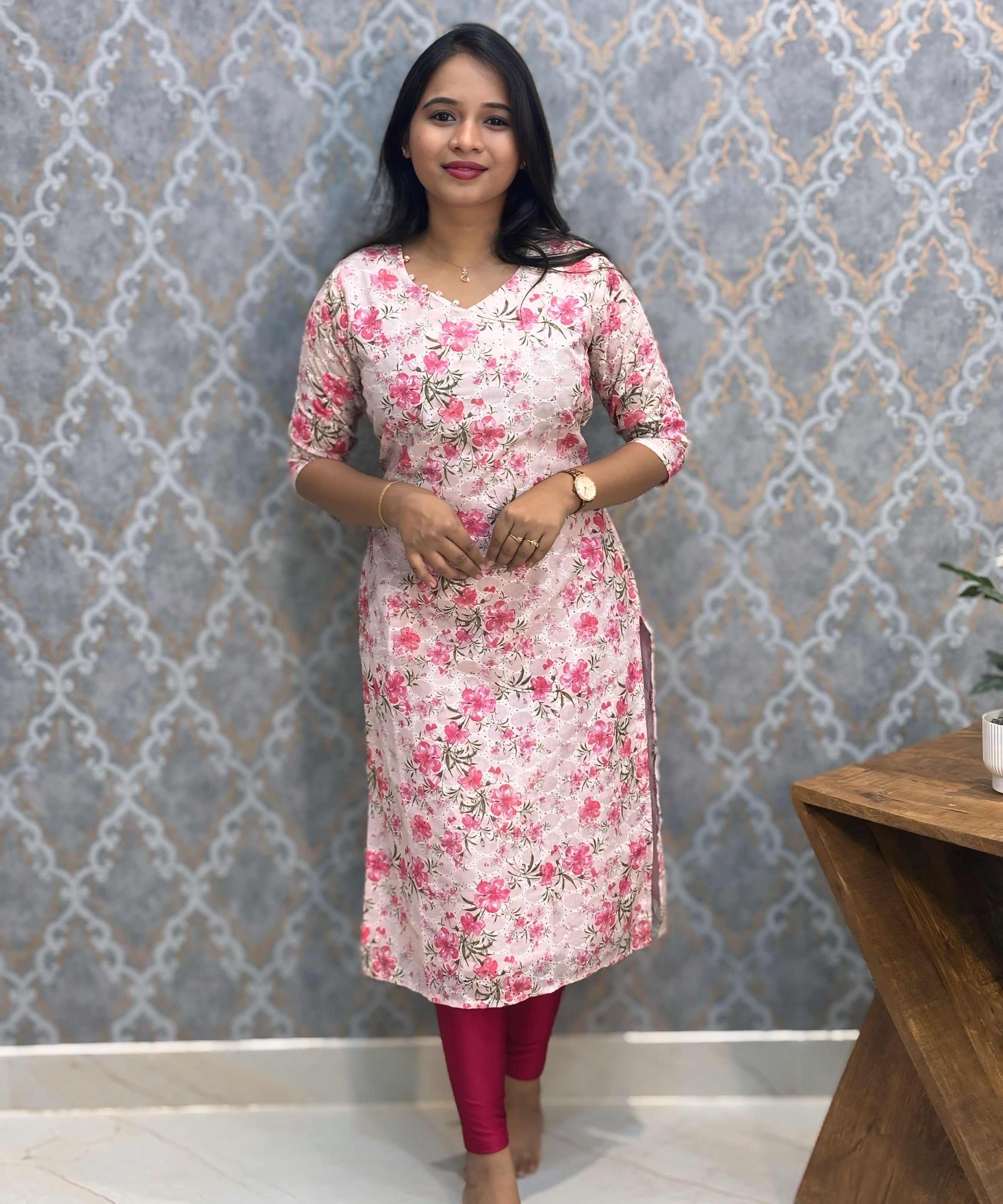 White and Lite Pink Color Floral Prints Premium Hakoba Straight Cut  V Neck Kurti with Cotton Lining / LSS204