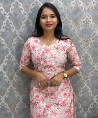 White and Lite Pink Color Floral Prints Premium Hakoba Straight Cut  V Neck Kurti with Cotton Lining / LSS204