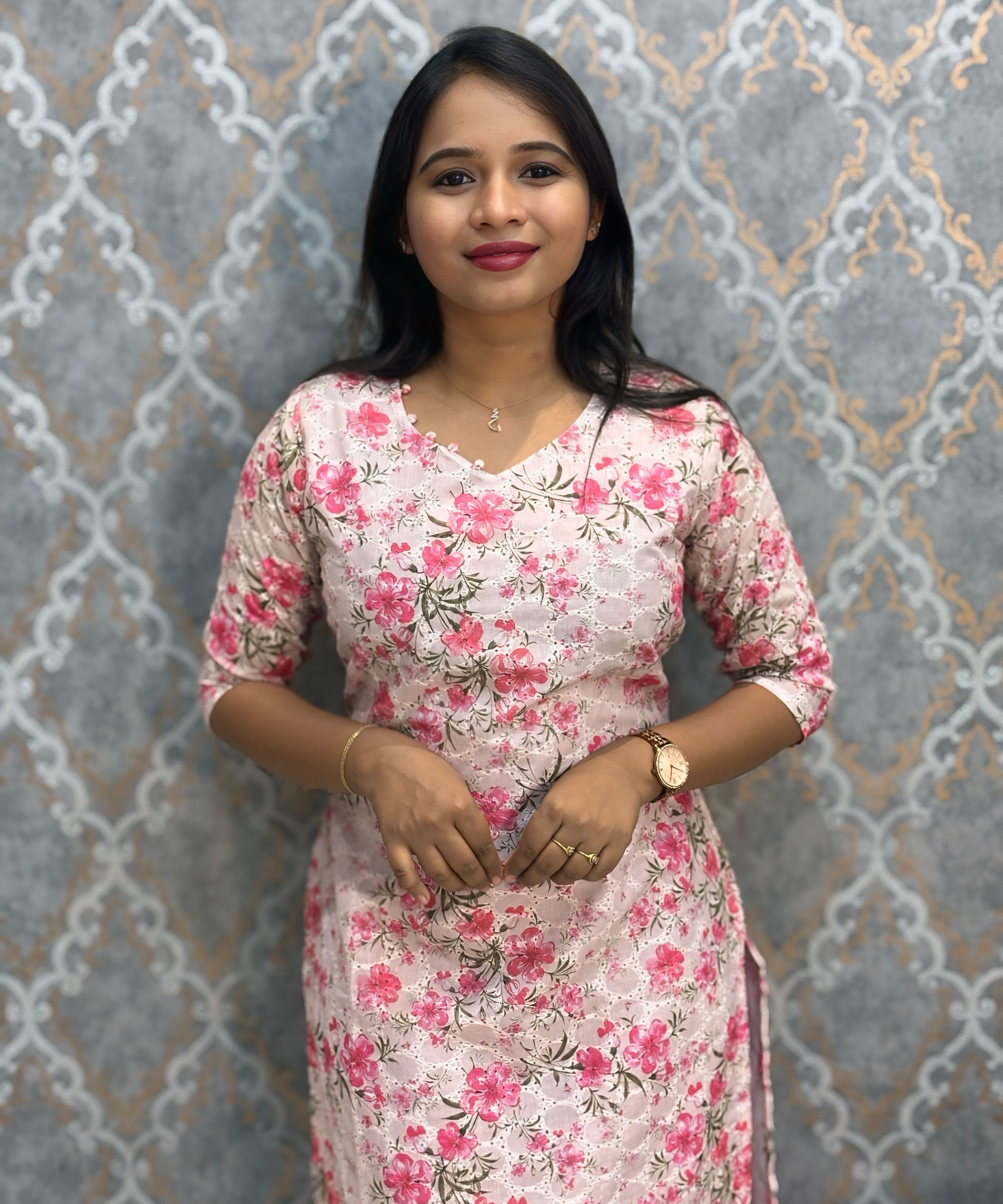 White and Lite Pink Color Floral Prints Premium Hakoba Straight Cut  V Neck Kurti with Cotton Lining / LSS204