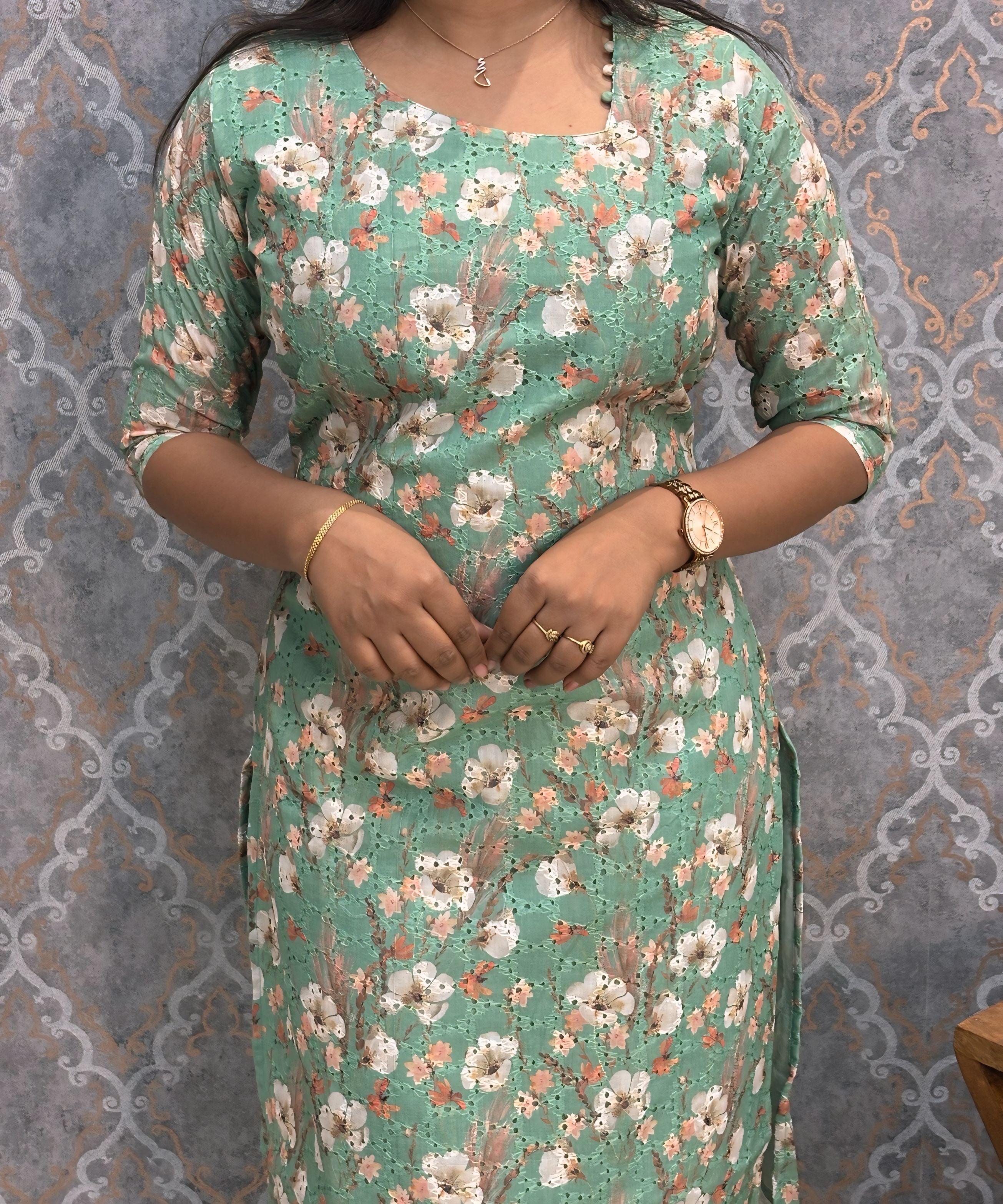 Green Color Floral Prints Premium Hakoba Straight Cut  Kurti with Cotton Lining / LSS204