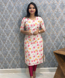 White, Pink and Yellow Color Floral Prints Premium Hakoba Straight Cut  Kurti with Cotton Lining / LSS204
