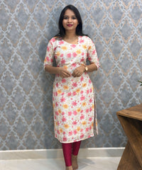 White, Pink and Yellow Color Floral Prints Premium Hakoba Straight Cut  Kurti with Cotton Lining / LSS204