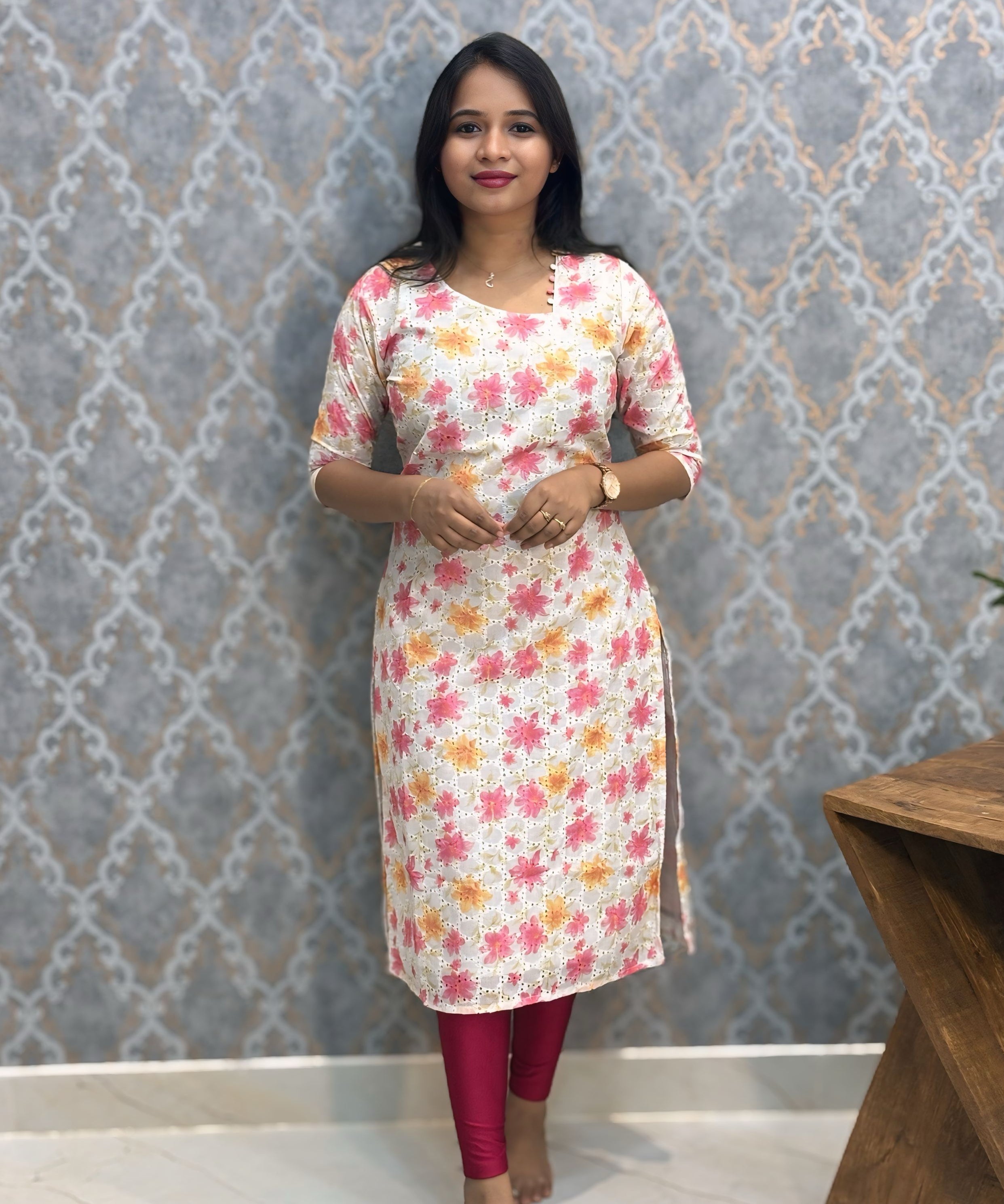 White, Pink and Yellow Color Floral Prints Premium Hakoba Straight Cut  Kurti with Cotton Lining / LSS204
