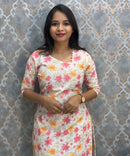 White, Pink and Yellow Color Floral Prints Premium Hakoba Straight Cut  Kurti with Cotton Lining / LSS204